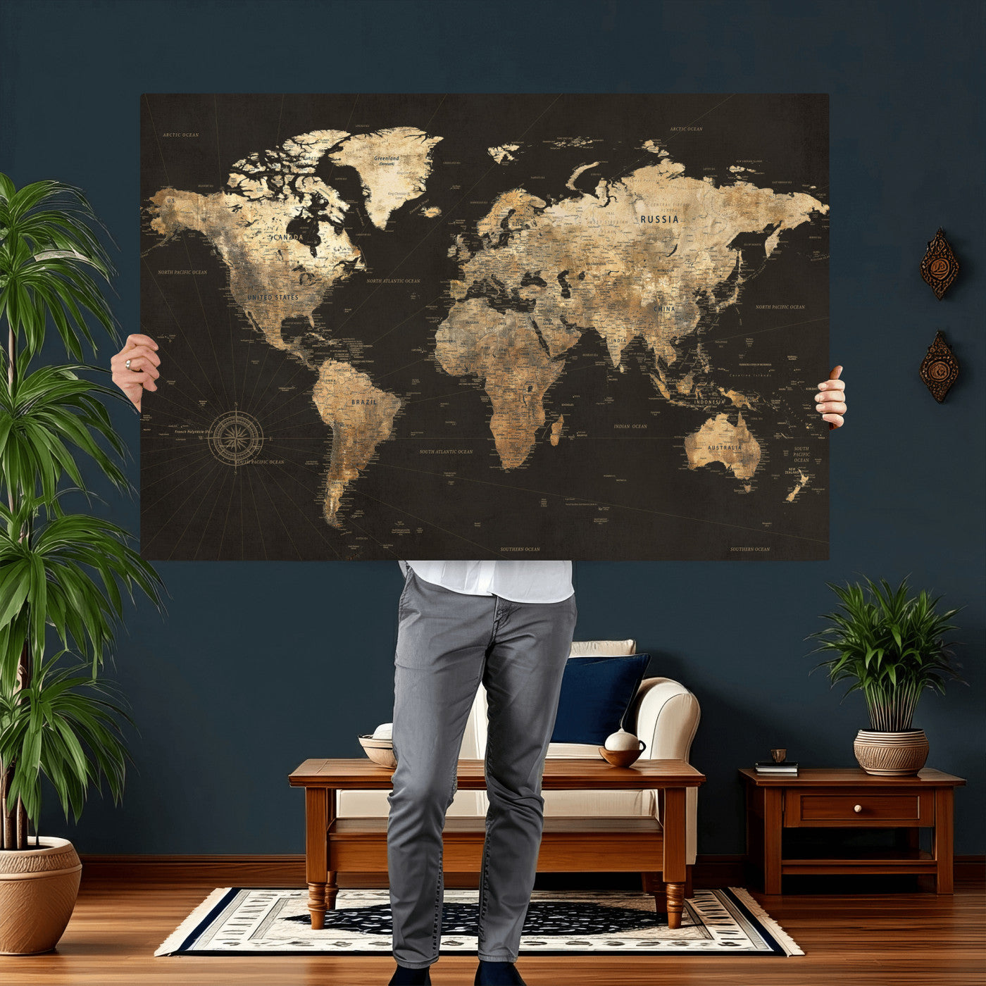 70985630-MGV-CV-36X24 - World Map Wall Art Canvas Print, Modern Decorative Framed Map Artwork Prints for Living Room, Office, Bedroom Wall Decor