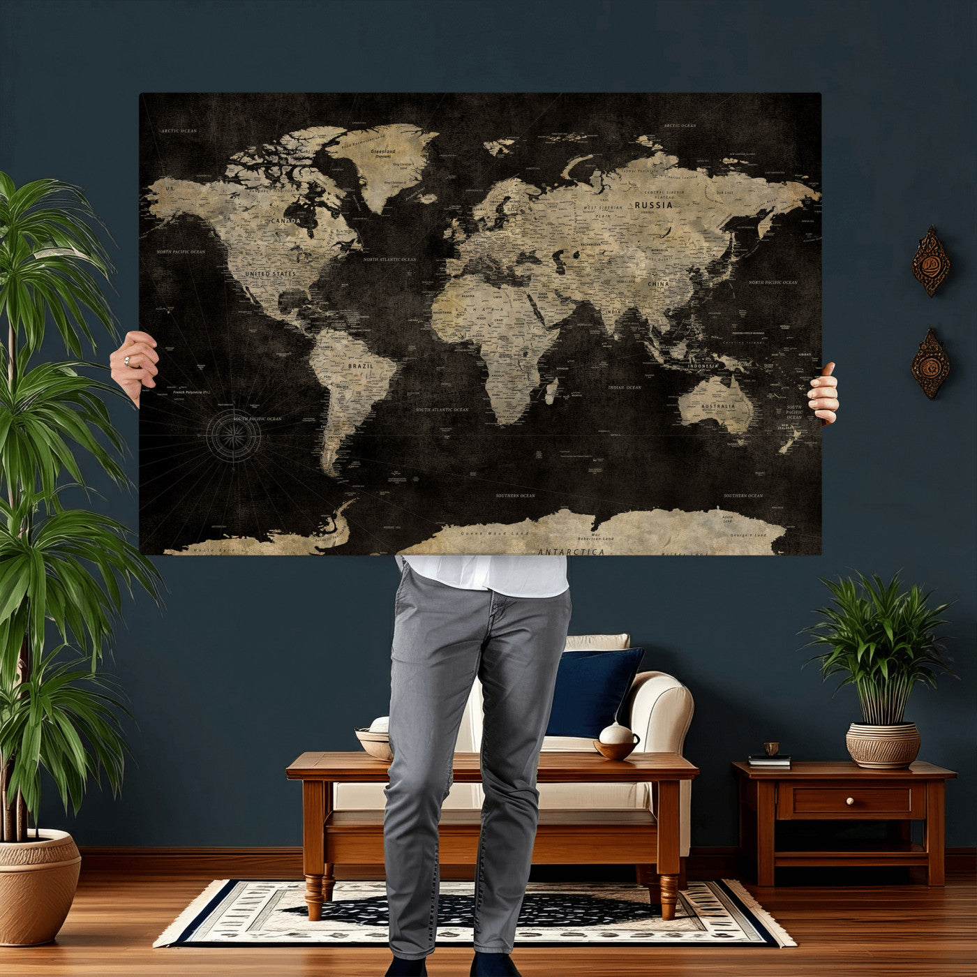 60653880-MGV-CV-36X24 - World Map Wall Art Canvas Print, Modern Decorative Framed Map Artwork Prints for Living Room, Office, Bedroom Wall Decor