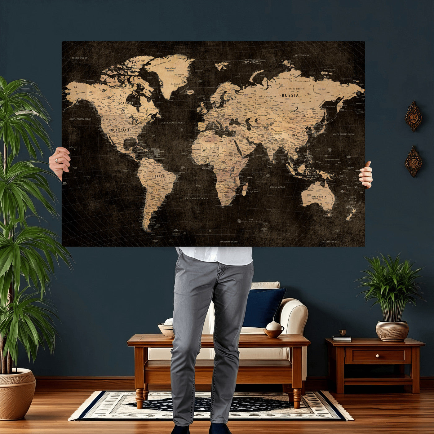 15118265-MGV-CV-36X24 - World Map Wall Art Canvas Print, Modern Decorative Framed Map Artwork Prints for Living Room, Office, Bedroom Wall Decor