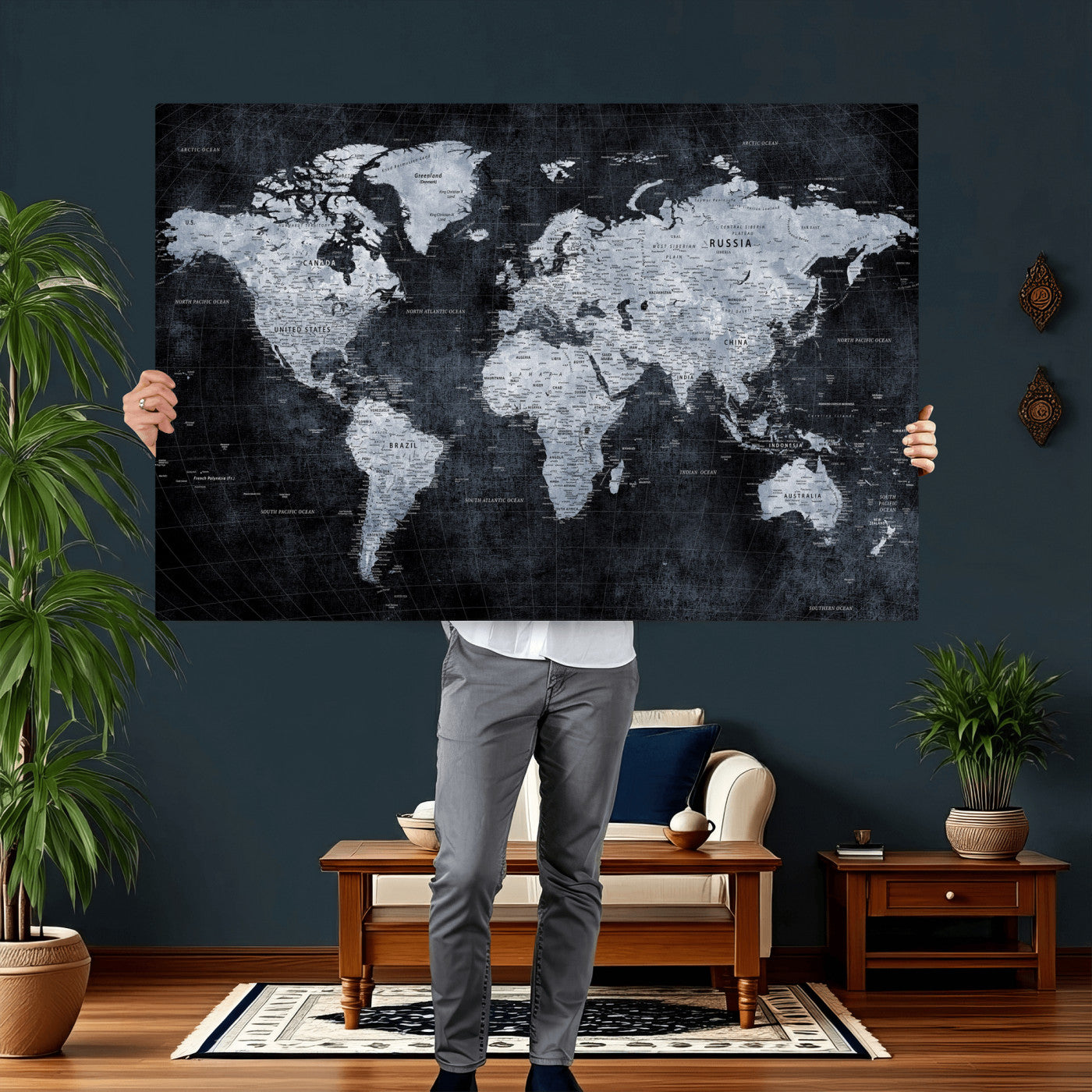 86893704-MGV-CV-36X24 - World Map Wall Art Canvas Print, Modern Decorative Framed Map Artwork Prints for Living Room, Office, Bedroom Wall Decor