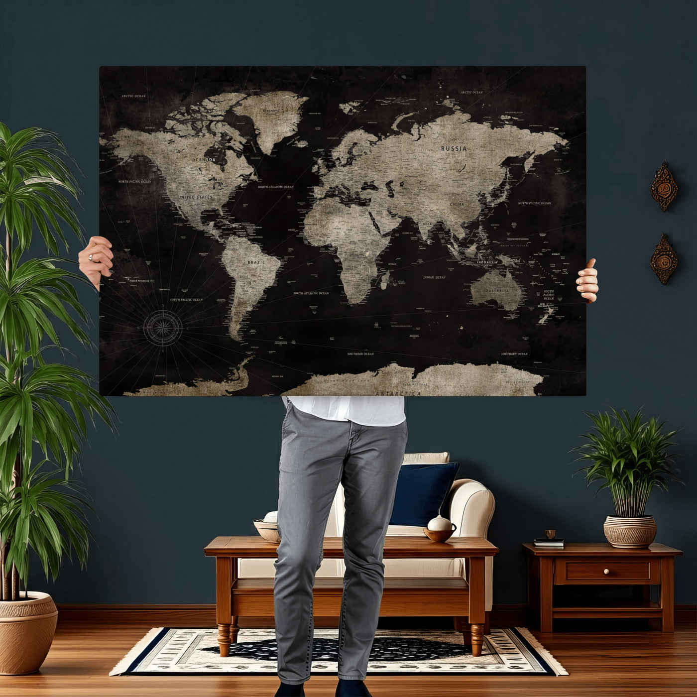 56225956-MGV-CV-36X24 - World Map Wall Art Canvas Print, Modern Decorative Framed Map Artwork Prints for Living Room, Office, Bedroom Wall Decor