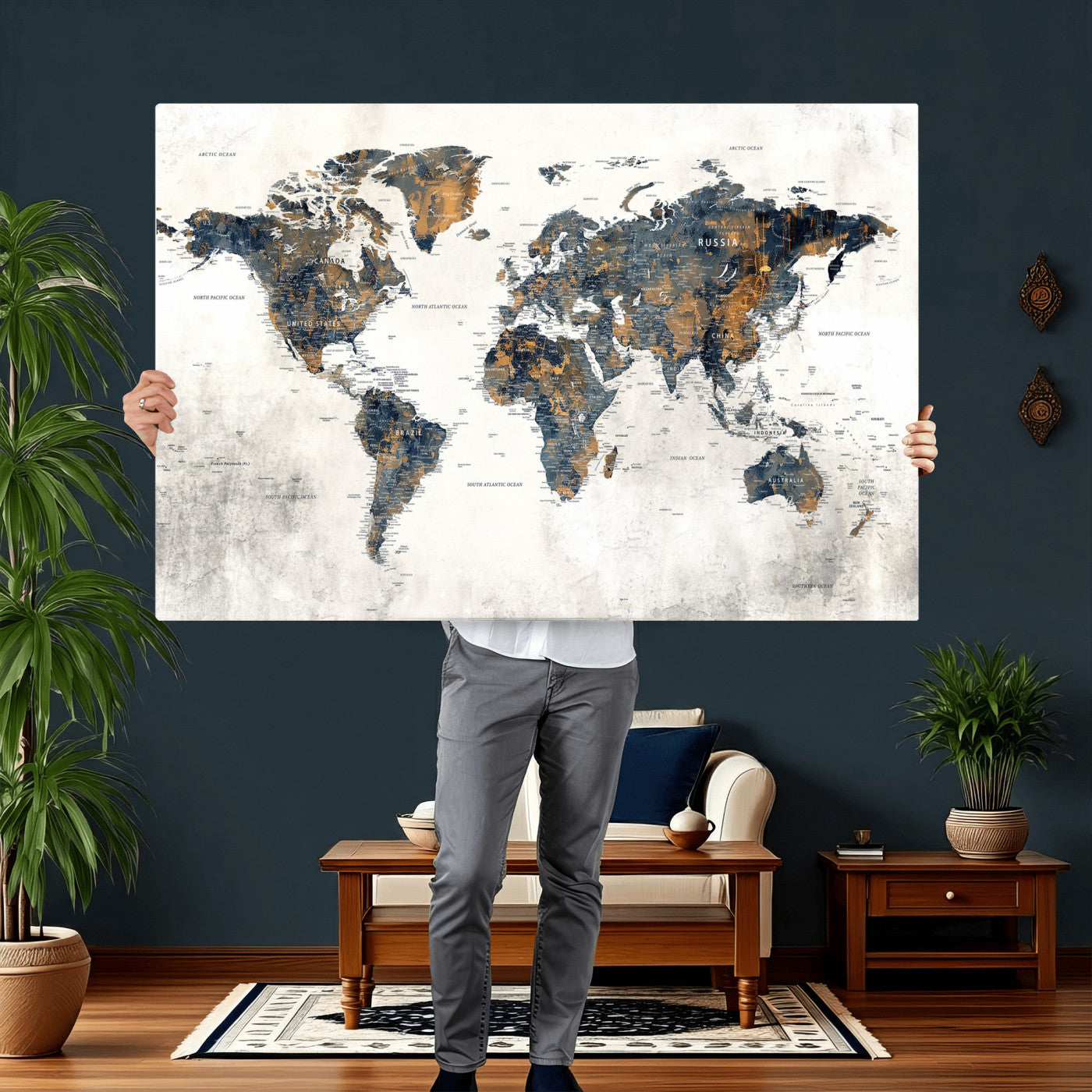52451147-MGV-CV-36X24 - World Map Wall Art Canvas Print, Modern Decorative Framed Map Artwork Prints for Living Room, Office, Bedroom Wall Decor