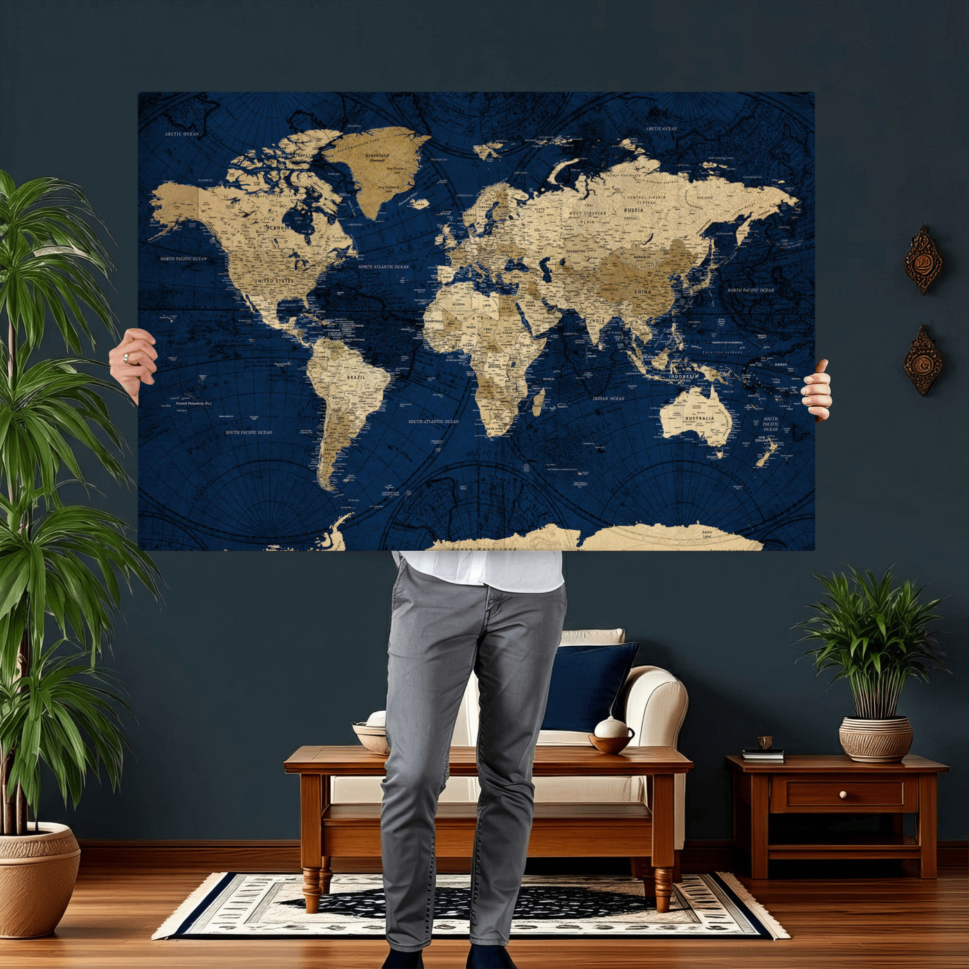 54770746-MGV-CV-36X24 - World Map Wall Art Canvas Print, Modern Decorative Framed Map Artwork Prints for Living Room, Office, Bedroom Wall Decor