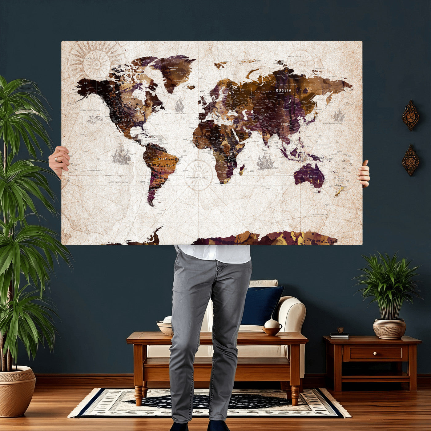 53400857-MGV-CV-36X24 - World Map Wall Art Canvas Print, Modern Decorative Framed Map Artwork Prints for Living Room, Office, Bedroom Wall Decor