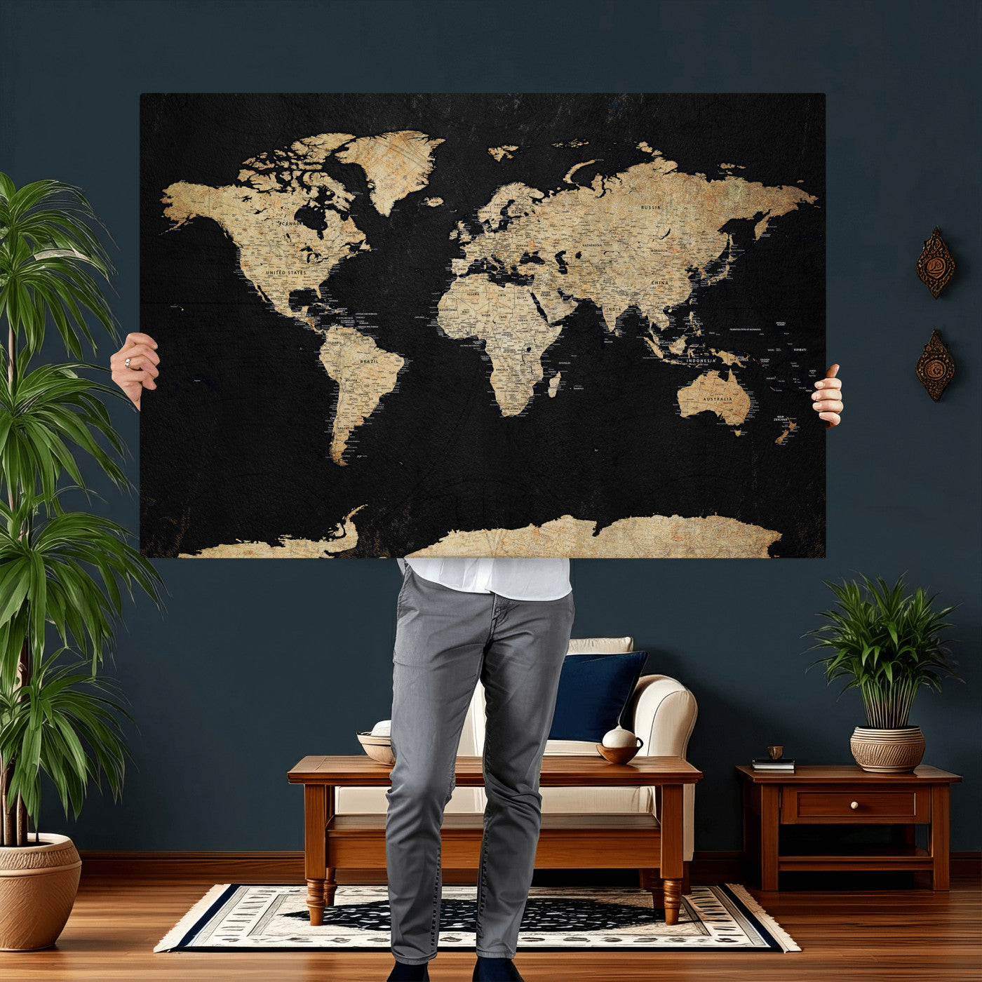 71518849-MGV-CV-36X24 - World Map Wall Art Canvas Print, Modern Decorative Framed Map Artwork Prints for Living Room, Office, Bedroom Wall Decor