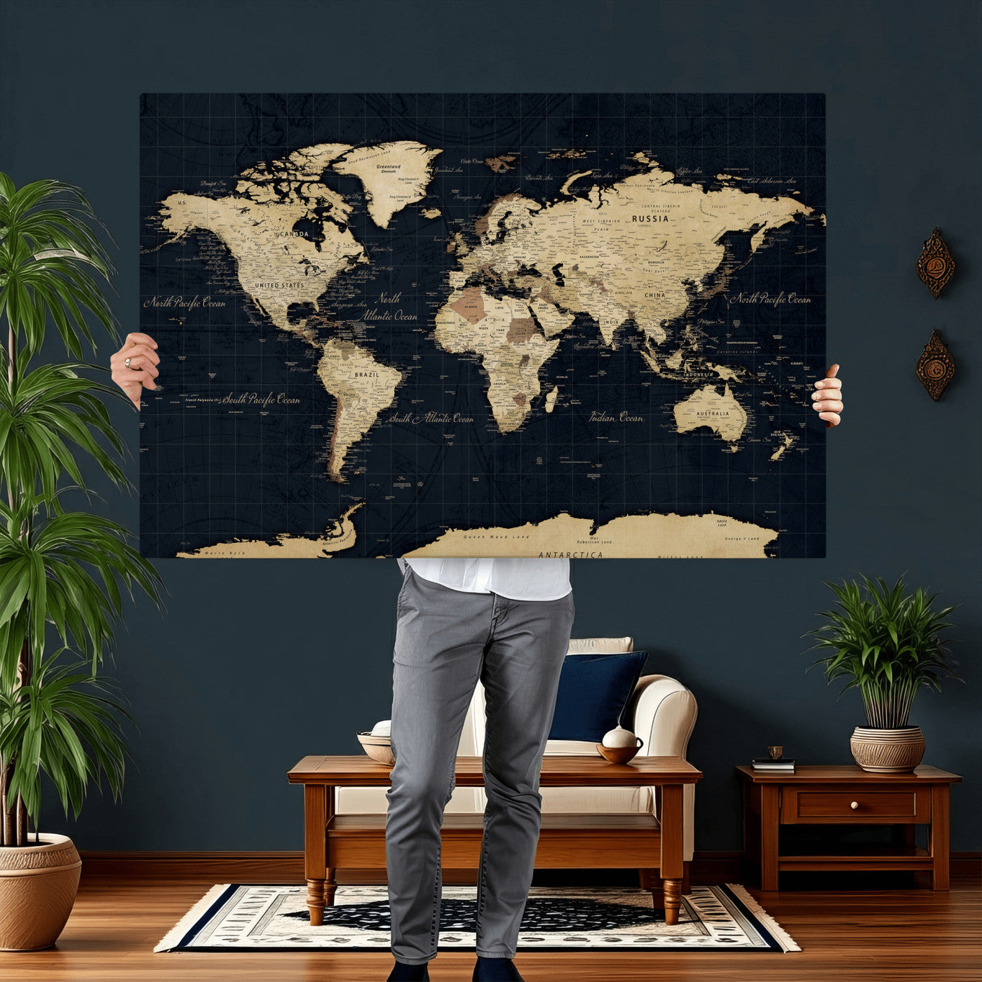 45063434-MGV-CV-36X24 - World Map Wall Art Canvas Print, Modern Decorative Framed Map Artwork Prints for Living Room, Office, Bedroom Wall Decor