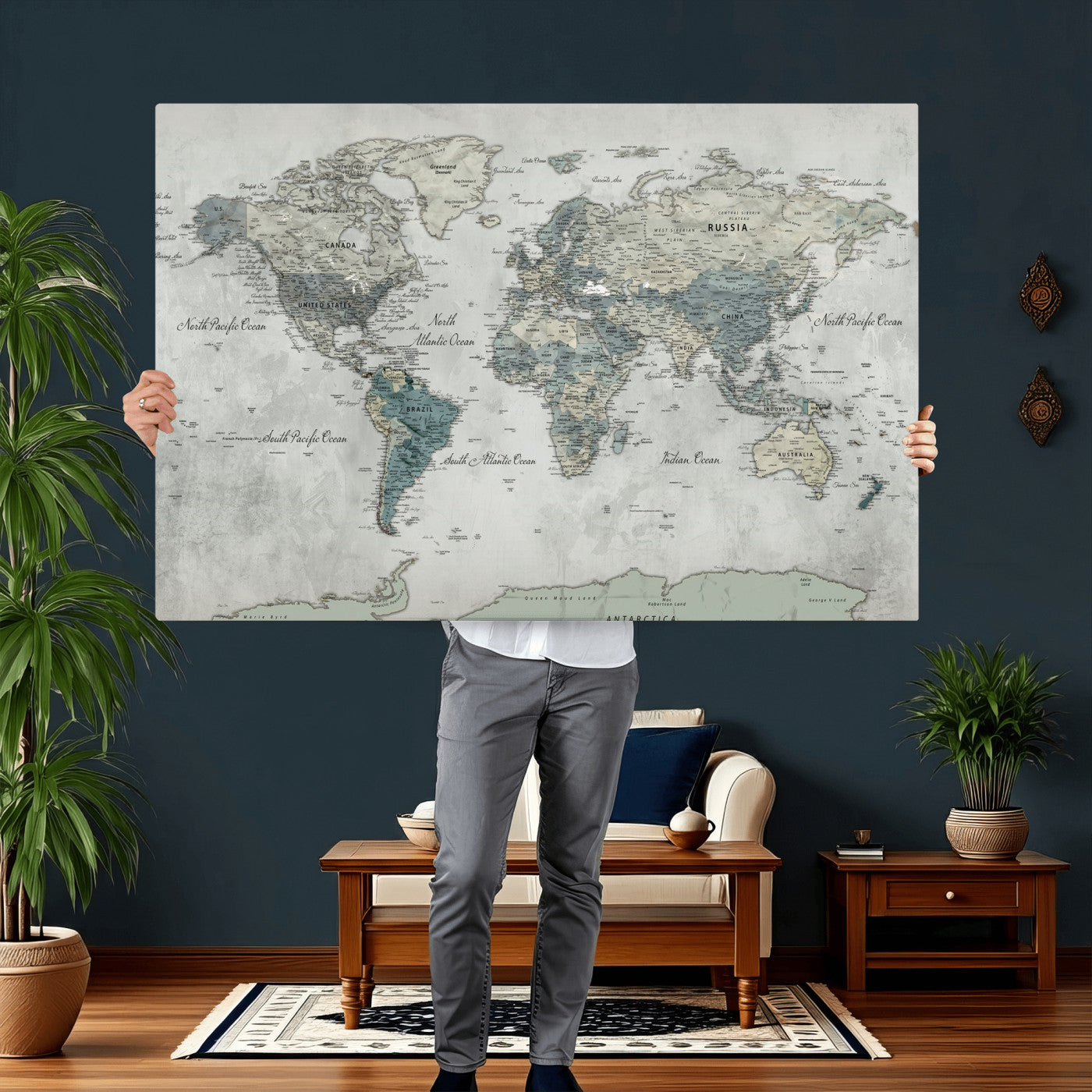 91132939-MGV-CV-36X24 - World Map Wall Art Canvas Print, Modern Decorative Framed Map Artwork Prints for Living Room, Office, Bedroom Wall Decor