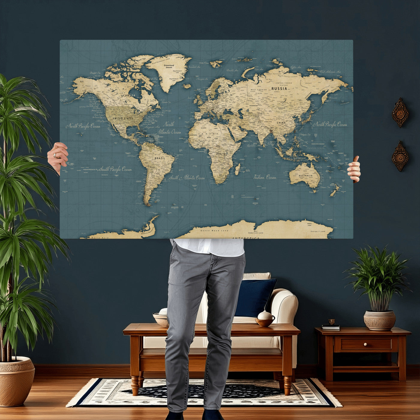 99599383-MGV-CV-36X24 - World Map Wall Art Canvas Print, Modern Decorative Framed Map Artwork Prints for Living Room, Office, Bedroom Wall Decor