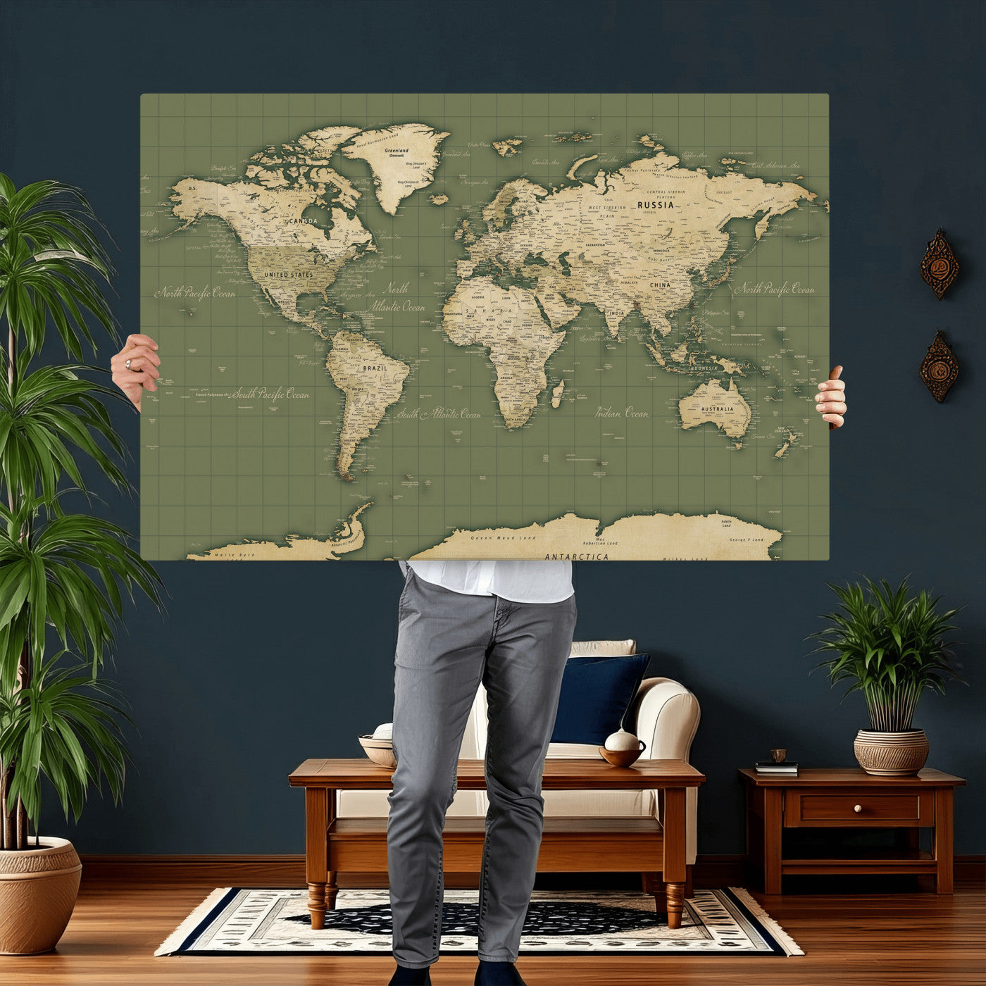 13750241-MGV-CV-36X24 - World Map Wall Art Canvas Print, Modern Decorative Framed Map Artwork Prints for Living Room, Office, Bedroom Wall Decor