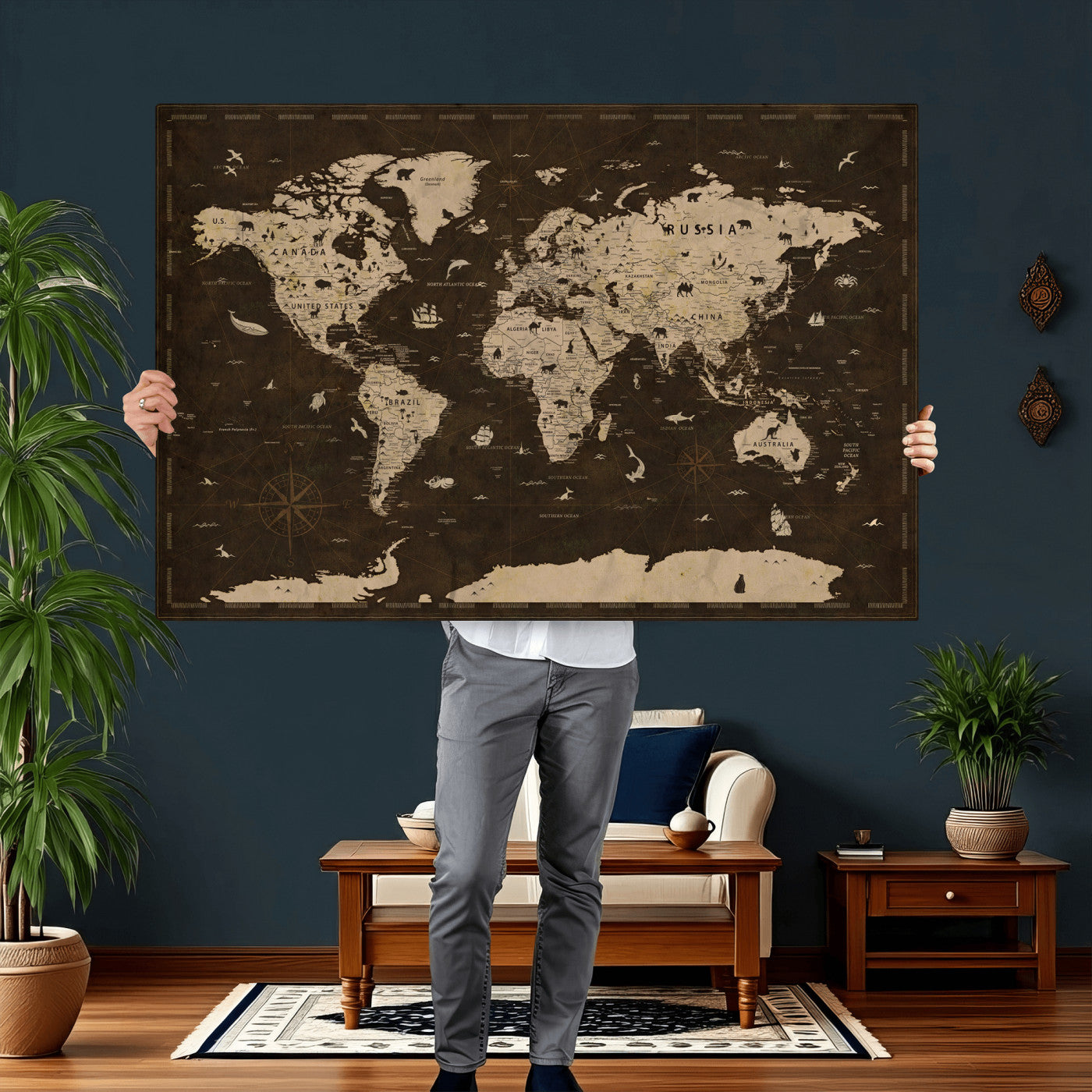 44276398-MGV-CV-36X24 - World Map Wall Art Canvas Print, Modern Decorative Framed Map Artwork Prints for Living Room, Office, Bedroom Wall Decor