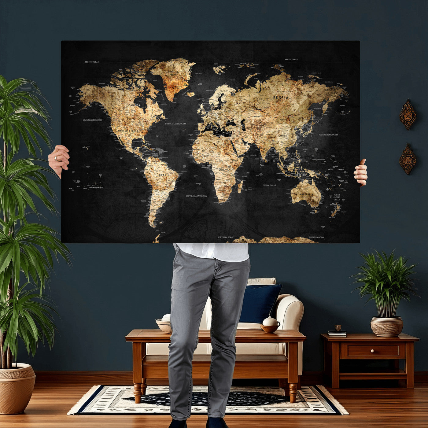 23568589-MGV-CV-36X24 - World Map Wall Art Canvas Print, Modern Decorative Framed Map Artwork Prints for Living Room, Office, Bedroom Wall Decor