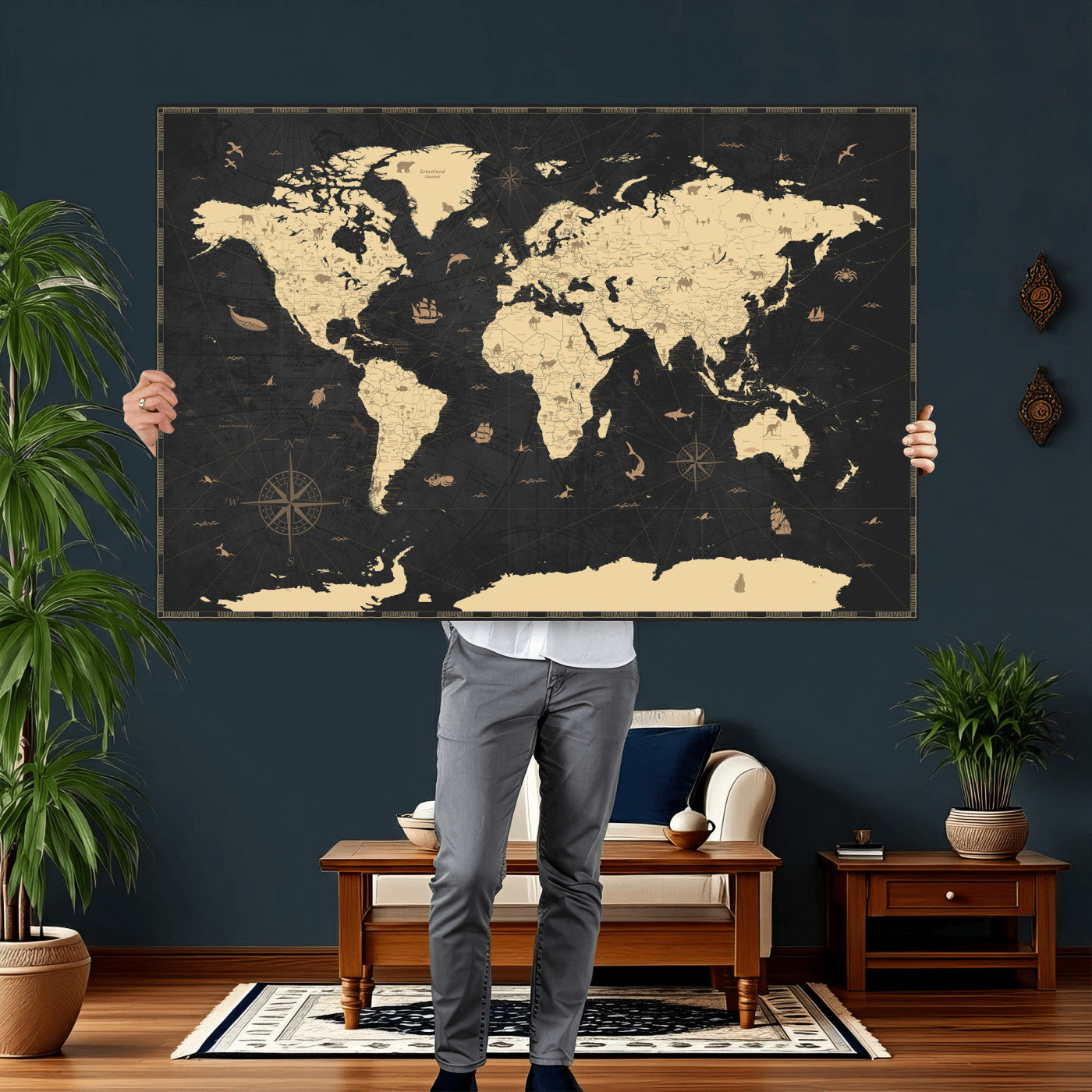 75220264-MGV-CV-36X24 - World Map Wall Art Canvas Print, Modern Decorative Framed Map Artwork Prints for Living Room, Office, Bedroom Wall Decor