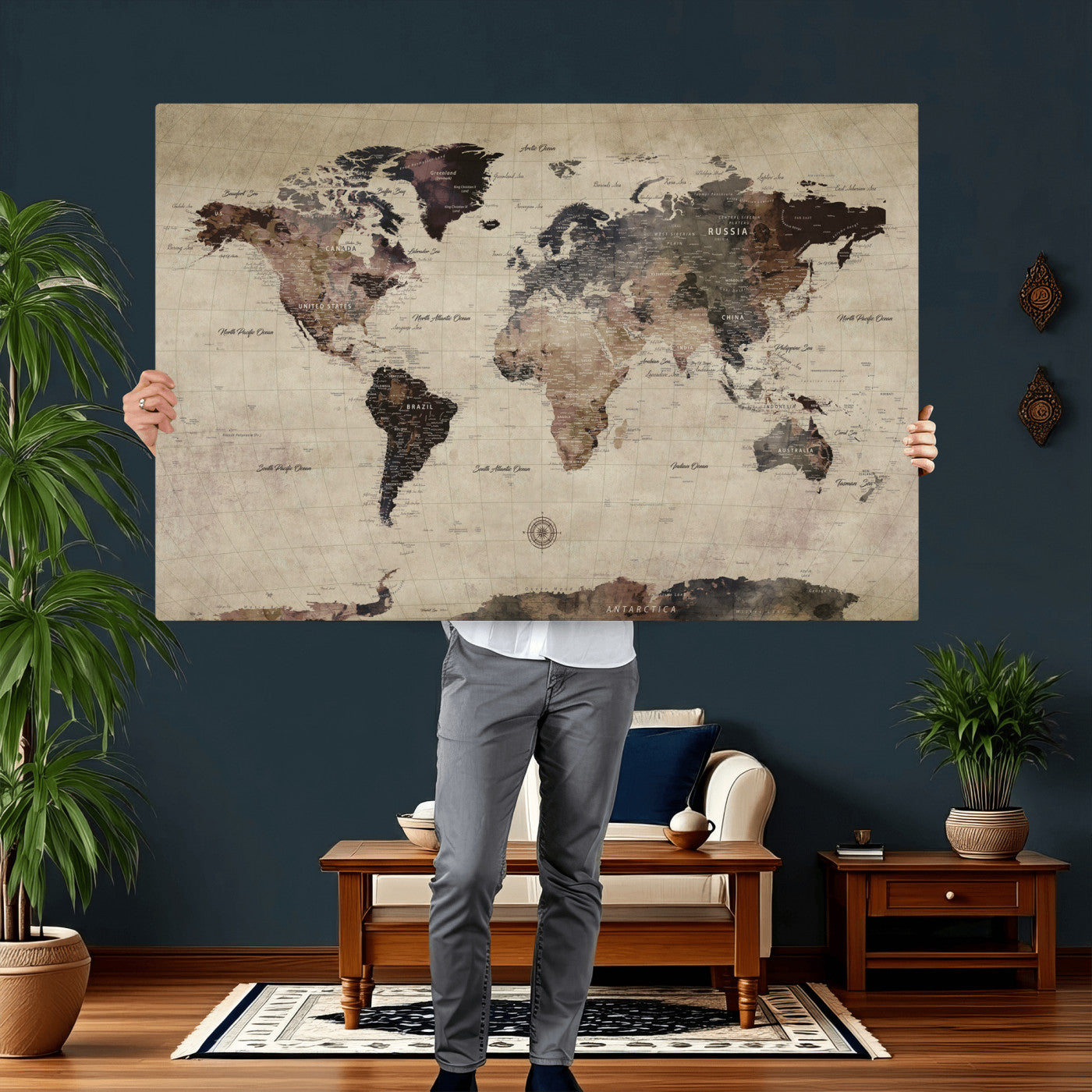 60560672-MGV-CV-36X24 - World Map Wall Art Canvas Print, Modern Decorative Framed Map Artwork Prints for Living Room, Office, Bedroom Wall Decor