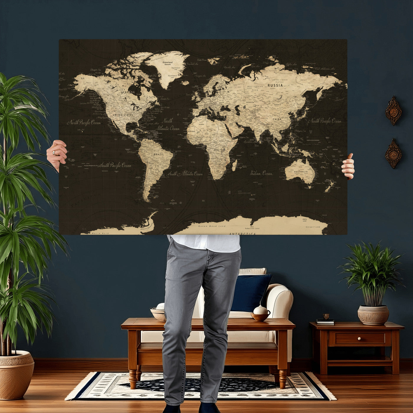 89024244-MGV-CV-36X24 - World Map Wall Art Canvas Print, Modern Decorative Framed Map Artwork Prints for Living Room, Office, Bedroom Wall Decor