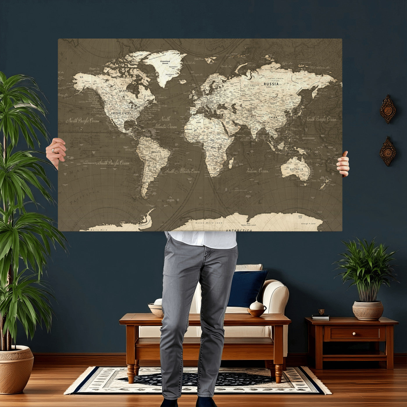 33202610-MGV-CV-36X24 - World Map Wall Art Canvas Print, Modern Decorative Framed Map Artwork Prints for Living Room, Office, Bedroom Wall Decor
