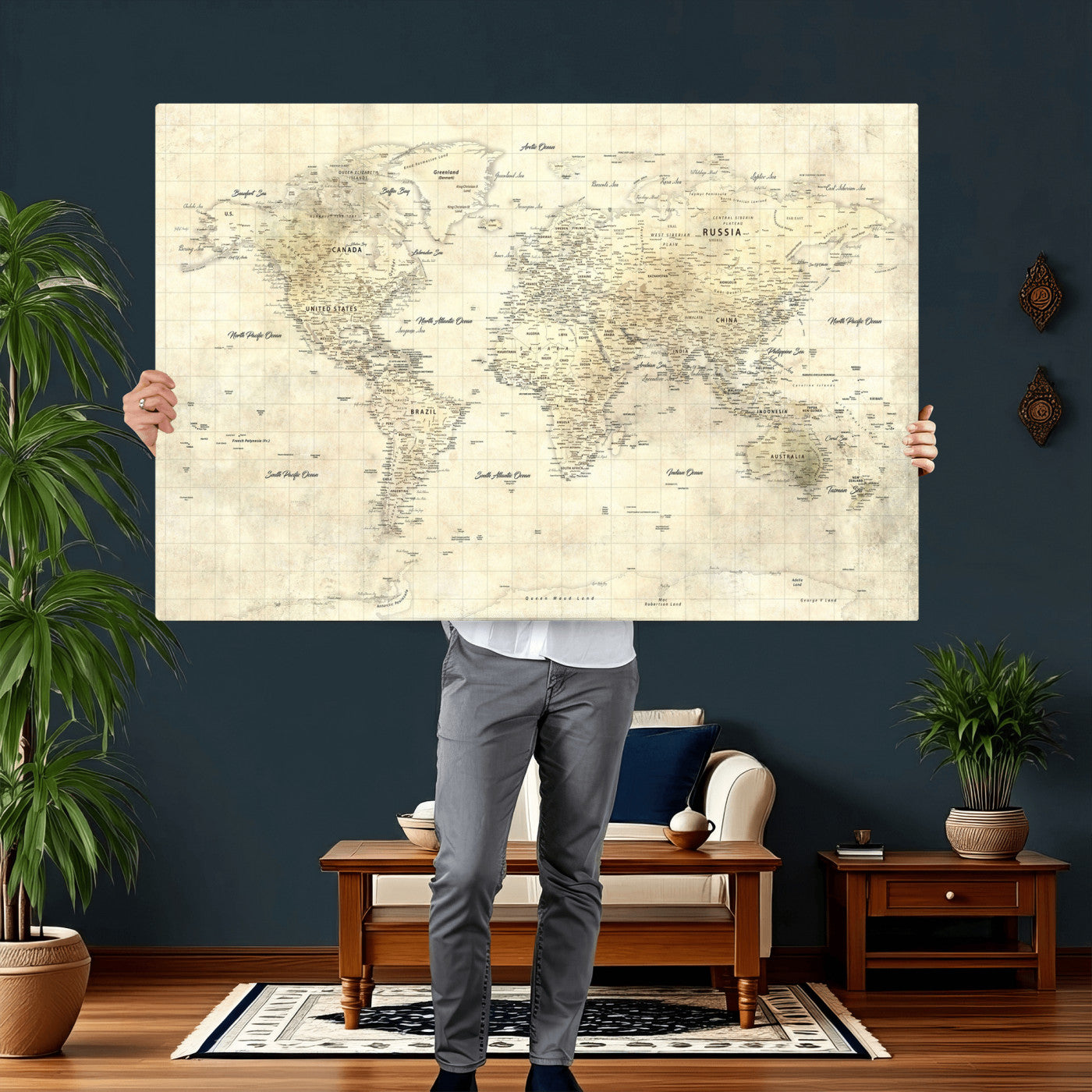 17101439-MGV-CV-36X24 - World Map Wall Art Canvas Print, Modern Decorative Framed Map Artwork Prints for Living Room, Office, Bedroom Wall Decor