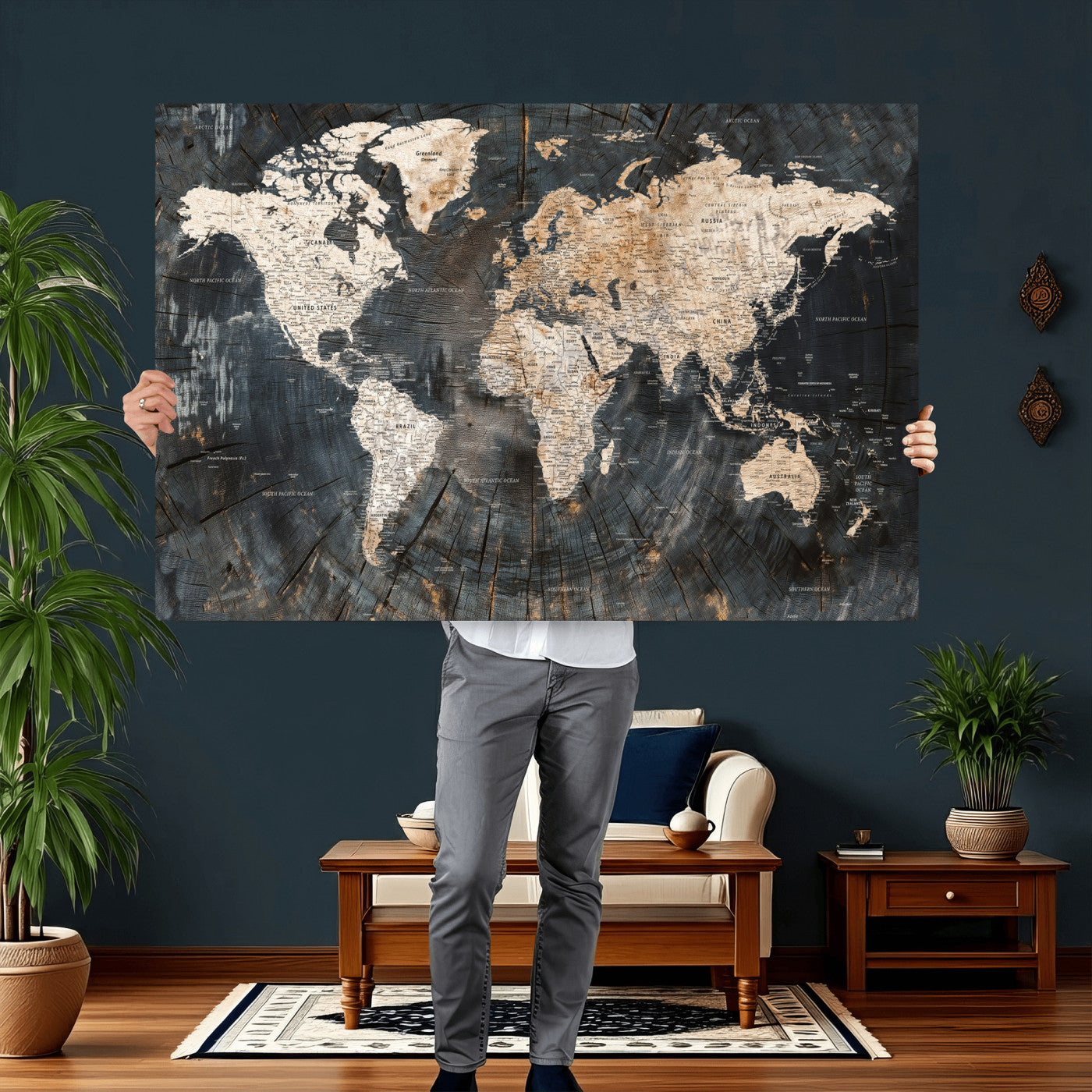 89162112-MGV-CV-36X24 - World Map Wall Art Canvas Print, Modern Decorative Framed Map Artwork Prints for Living Room, Office, Bedroom Wall Decor