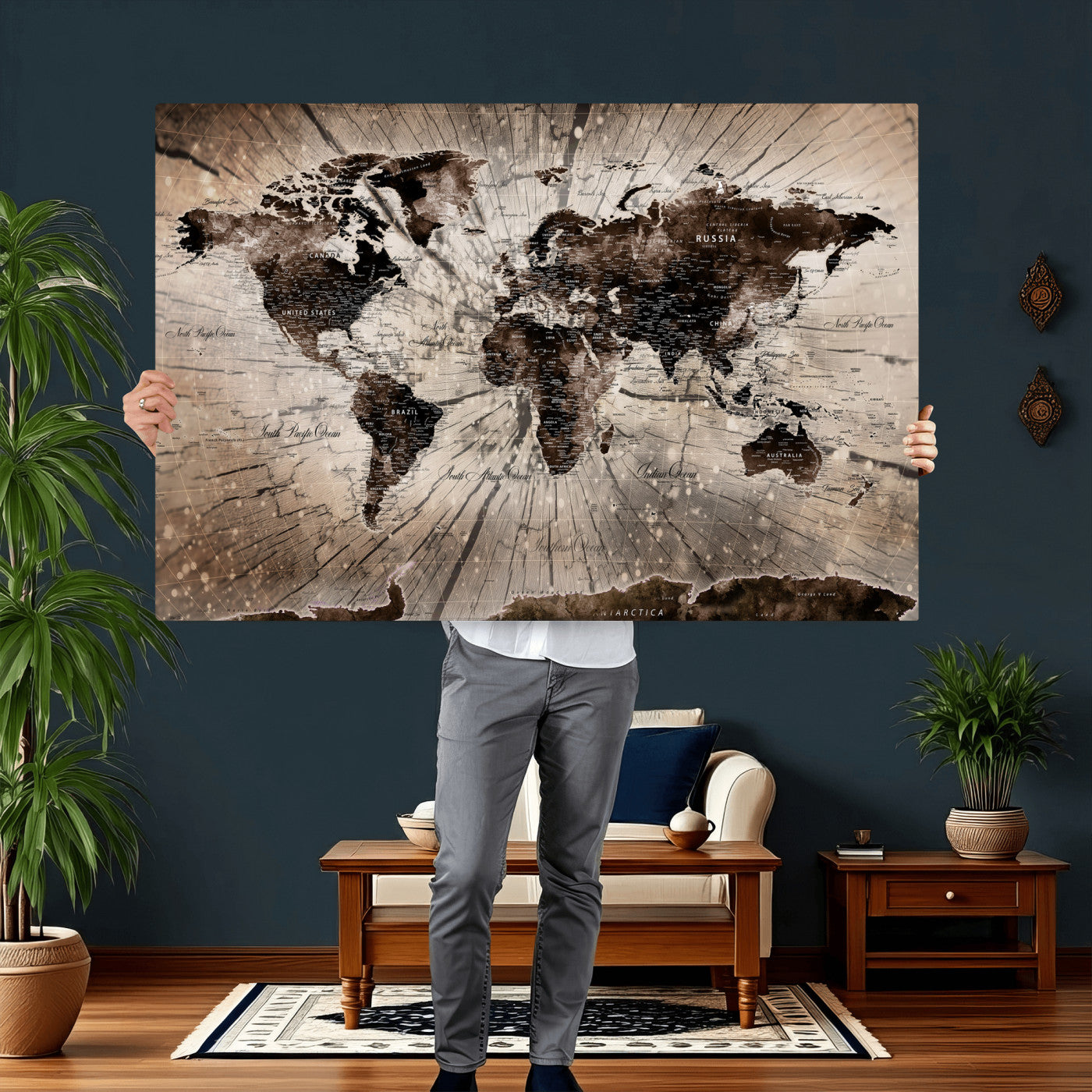 94623295-MGV-CV-36X24 - World Map Wall Art Canvas Print, Modern Decorative Framed Map Artwork Prints for Living Room, Office, Bedroom Wall Decor