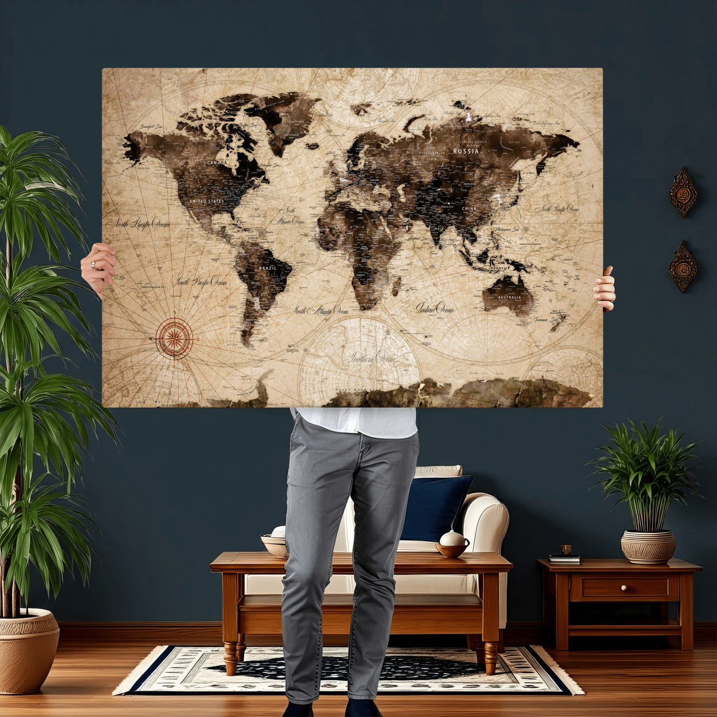 47657418-MGV-CV-36X24 - World Map Wall Art Canvas Print, Modern Decorative Framed Map Artwork Prints for Living Room, Office, Bedroom Wall Decor