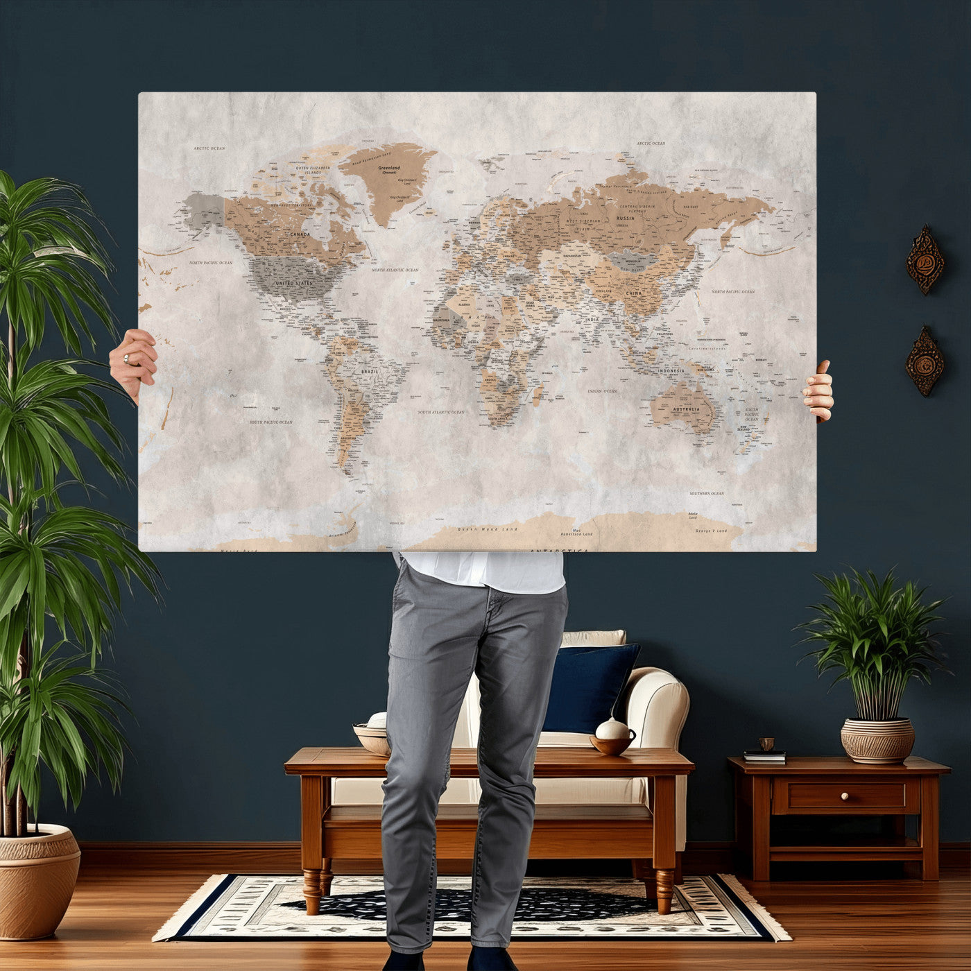 34051638-MGV-CV-36X24 - World Map Wall Art Canvas Print, Modern Decorative Framed Map Artwork Prints for Living Room, Office, Bedroom Wall Decor