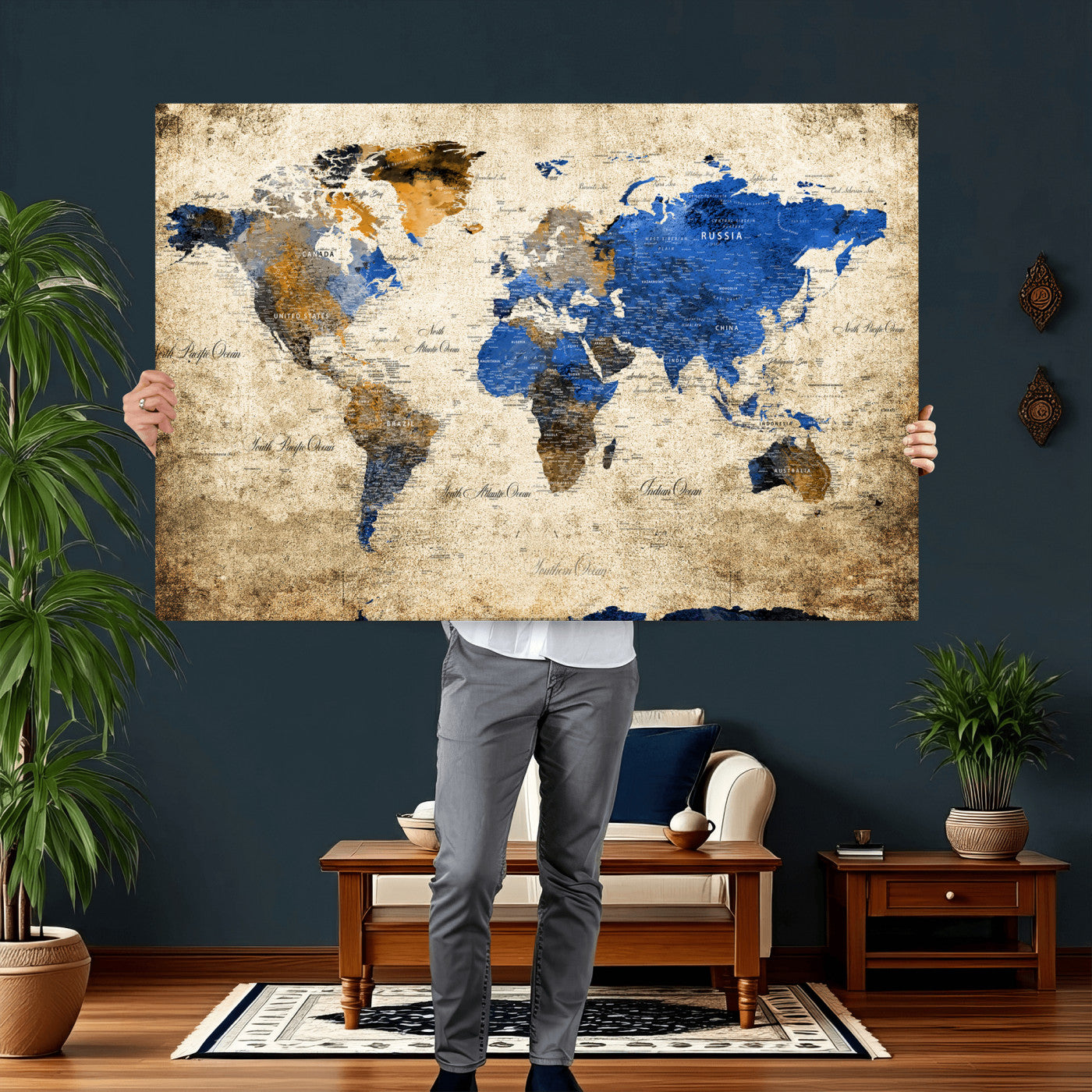 27314341-MGV-CV-36X24 - World Map Wall Art Canvas Print, Modern Decorative Framed Map Artwork Prints for Living Room, Office, Bedroom Wall Decor