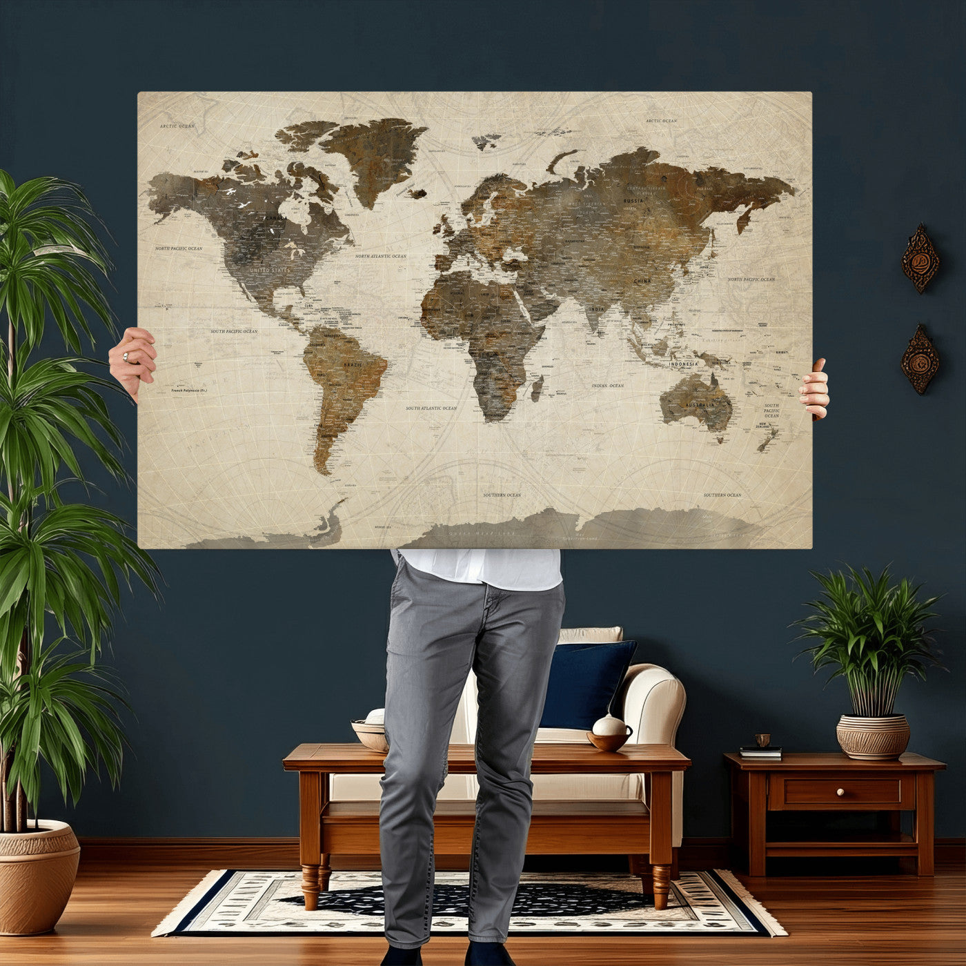 49623468-MGV-CV-36X24 - World Map Wall Art Canvas Print, Modern Decorative Framed Map Artwork Prints for Living Room, Office, Bedroom Wall Decor