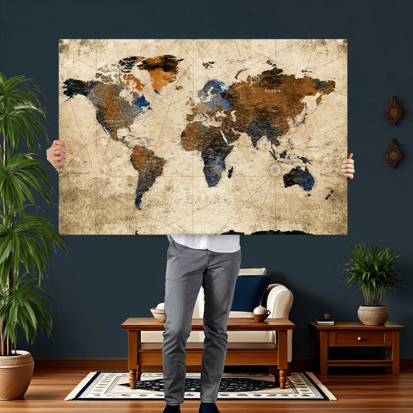 27163414-MGV-CV-36X24 - World Map Wall Art – Rustic Earth Tone Canvas Print, Antique Travel Map Design for Living Room, Office or Study, Classic Adventure Decor