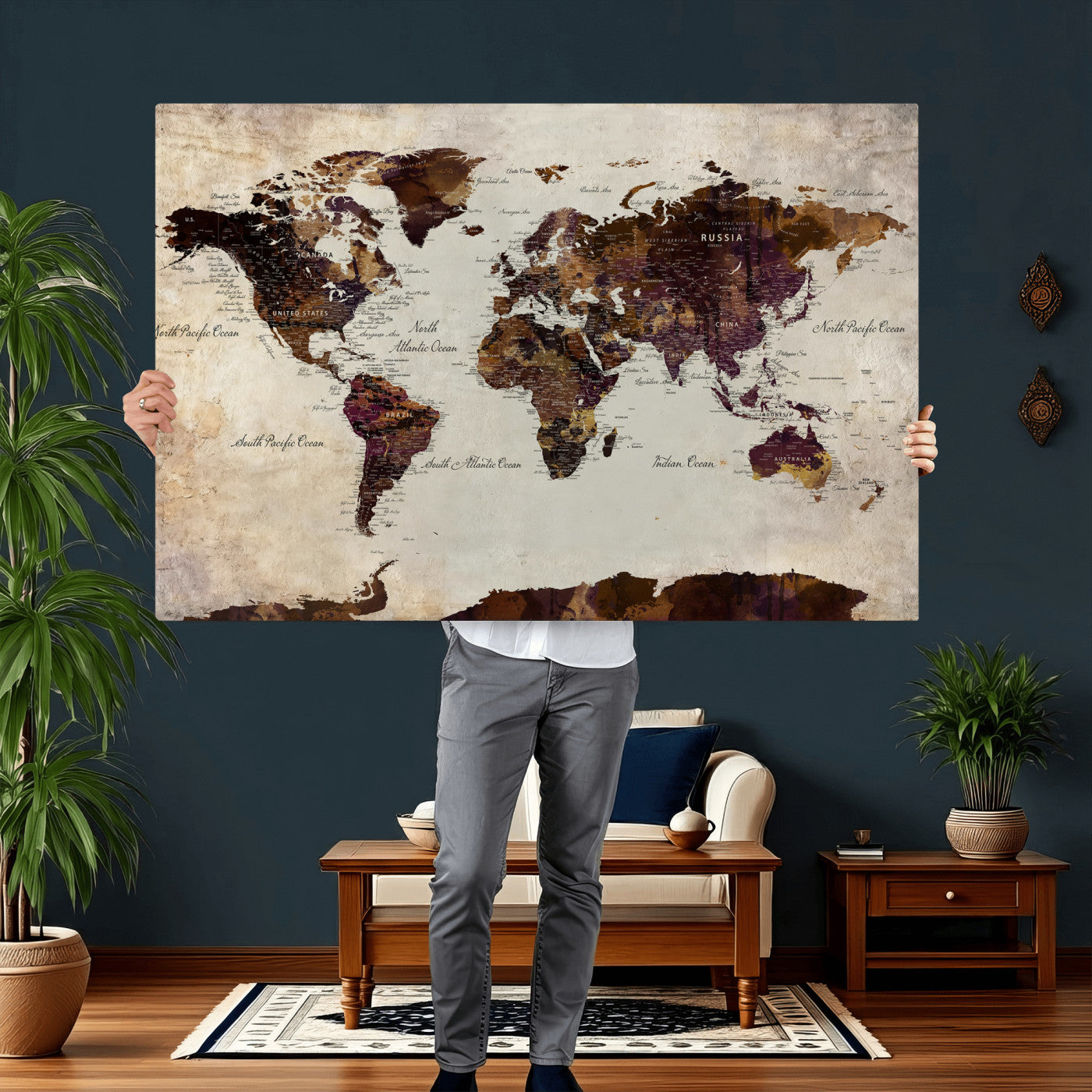 50611123-MGV-CV-36X24 - World Map Canvas Triptych – Colorful Global Wall Art for Living Rooms, Offices, and Study Spaces
