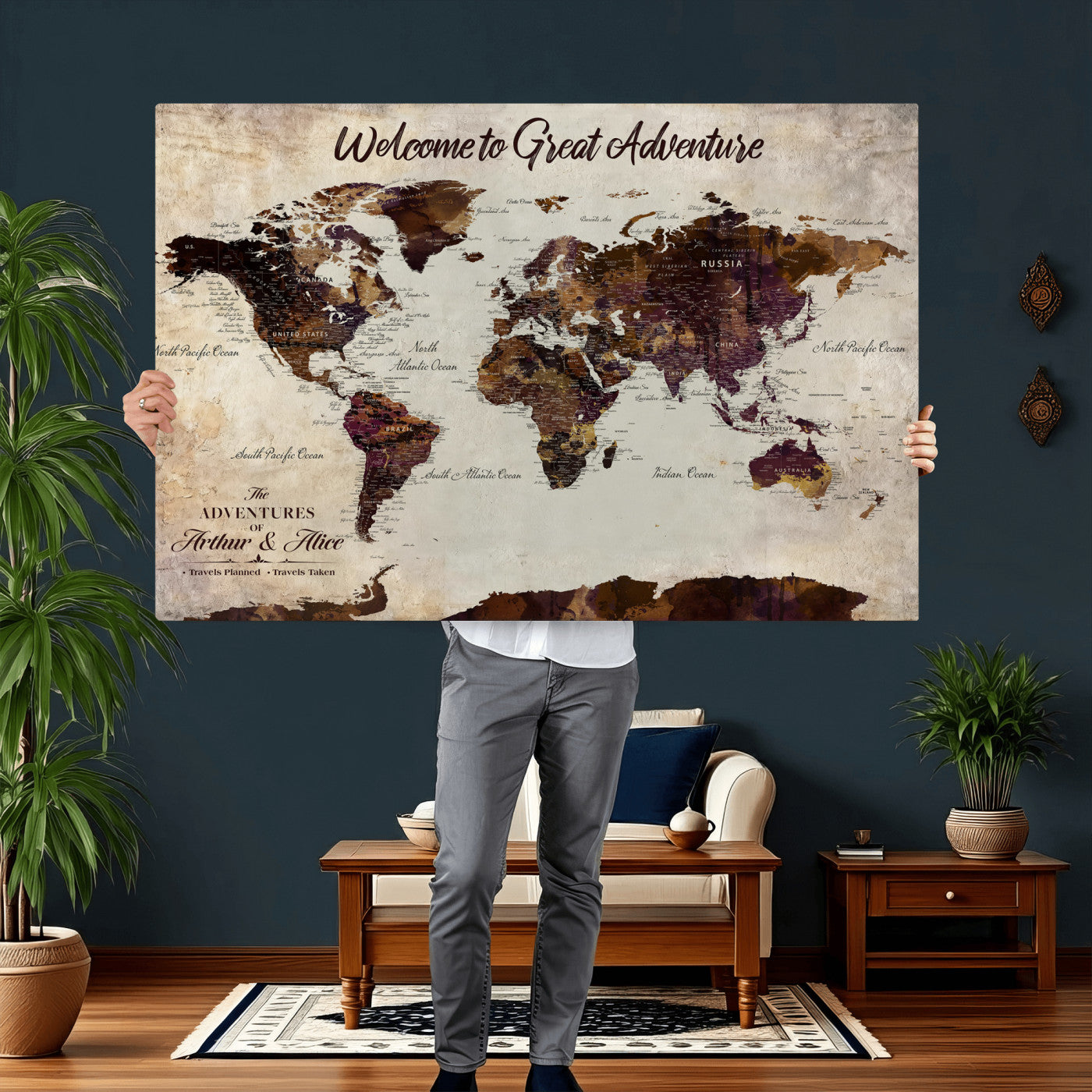 64110391126-MGV-CV-36X24-Custom Push Pin World Map Wall Art Canvas Print – Personalized Travel Tracker with Pins Framed Large for Home and Office Decor