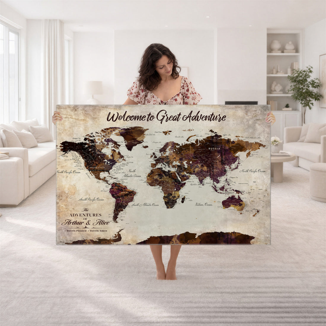 Custom Beige World Travel Map Wall Art with Pins, Places Visited Tracker, Family Room and Entryway Decor