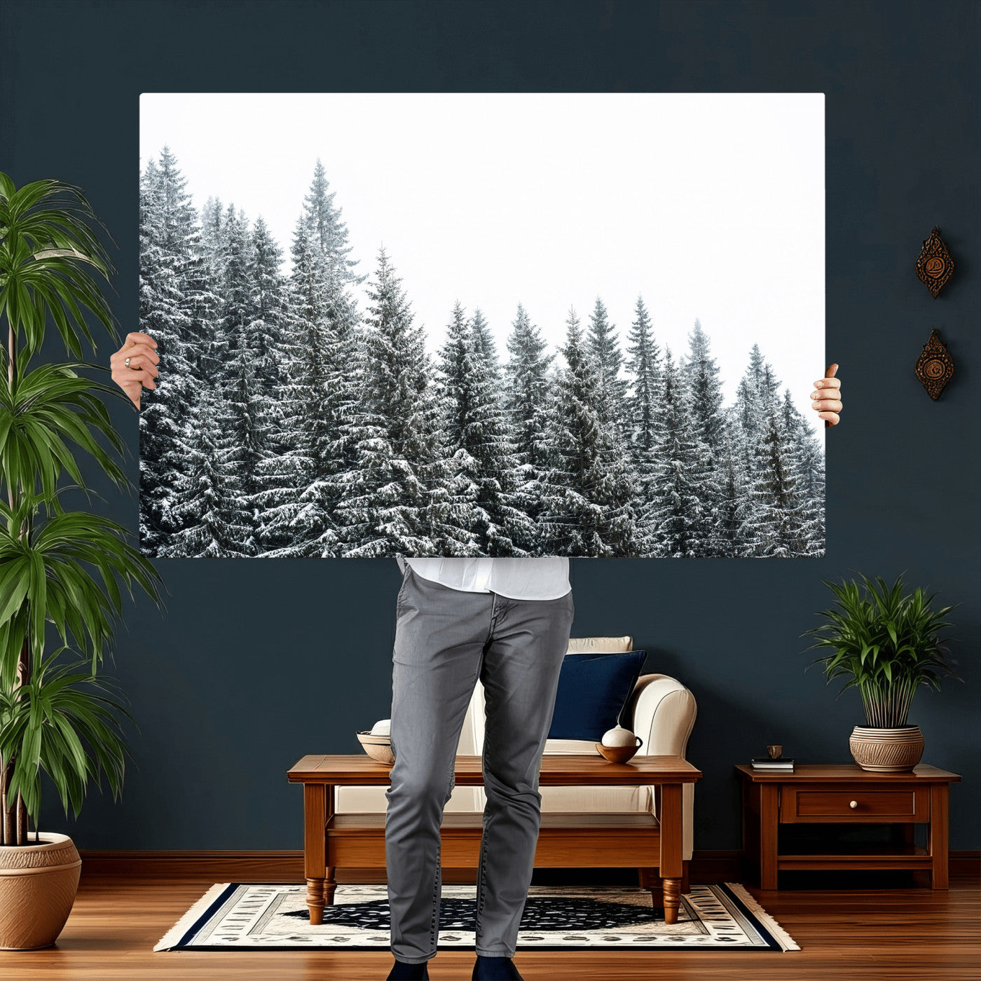 69566941-MGV-CV-36X24 - Misty Mountain Forest Canvas Print, Foggy Pine Trees Nature Wall Art, Framed Canvas Ready to Hang
