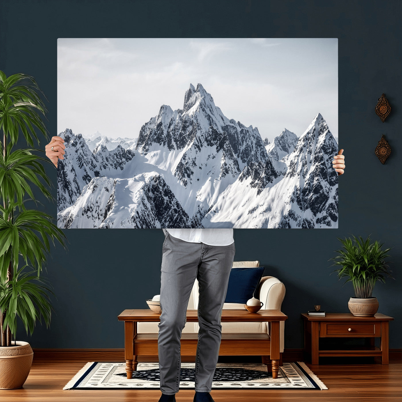 33126265-MGV-CV-36X24 - Snowy Mountain Range Canvas Print, Alpine Peaks Landscape Wall Art, Framed Canvas Ready to Hang