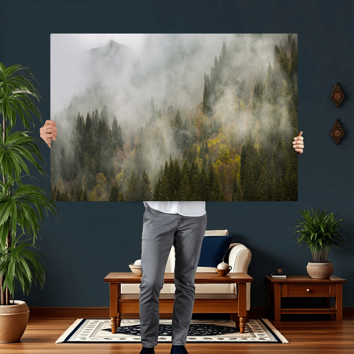 31152954-MGV-CV-36X24 - Misty Mountain Forest Canvas Print, Foggy Pine Trees Nature Wall Art, Framed Canvas Ready to Hang