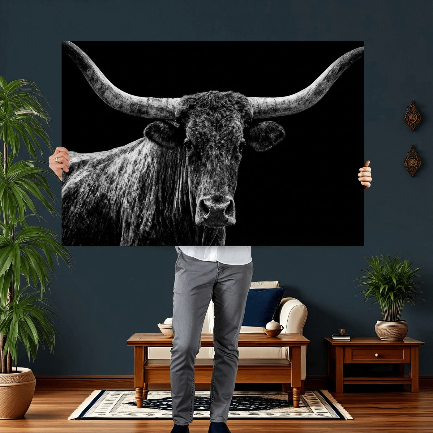 86568508-MGV-CV-36X24 - Vintage Texas Longhorn Bull Wall Art Canvas Print, Texas Cow Portrait Print, Framed Bull Wall Art Ready to Hang