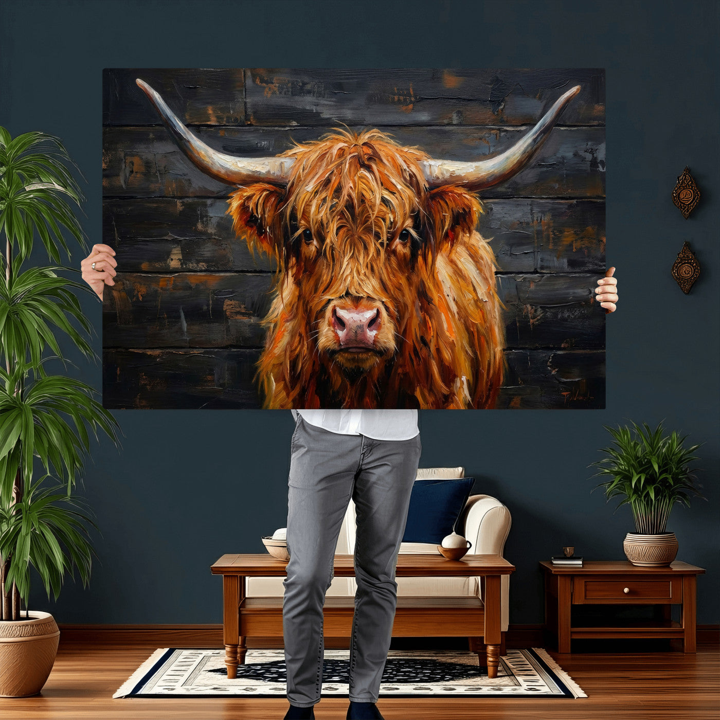 32536611-MGV-CV-36X24 - Highland Cow Wall Art Canvas Print, Rustic Farm Animal Painting, Framed Wall Art Ready to Hang