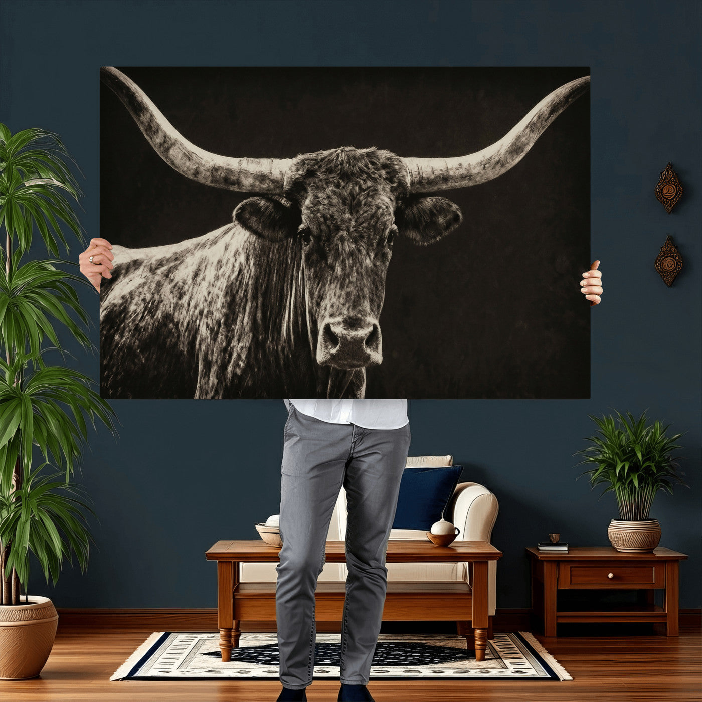 74513721-MGV-CV-36X24 - Vintage Texas Longhorn Bull Wall Art Canvas Print, Cow Portrait Photography Print, Framed Wall Art Ready to Hang