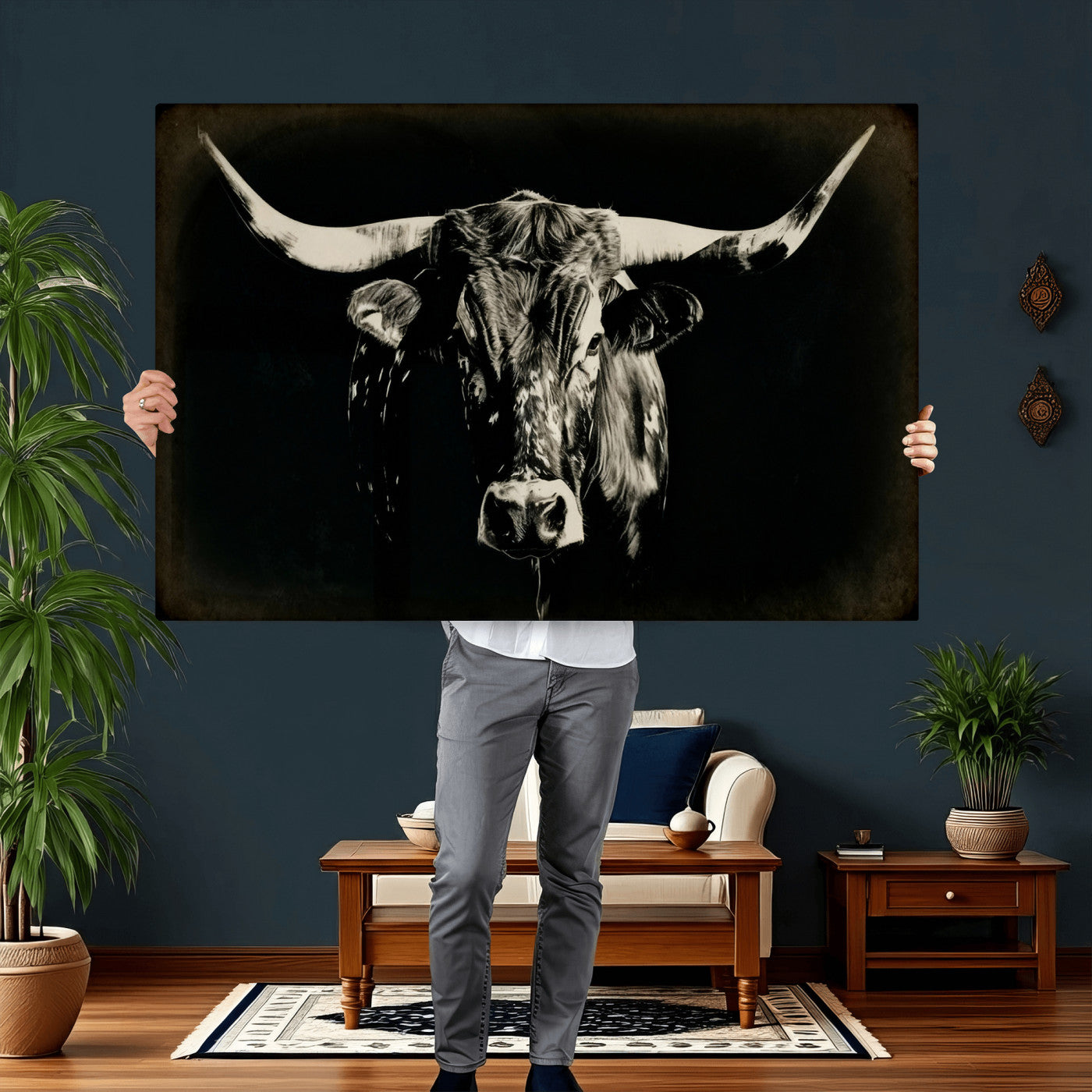 91364114-MGV-CV-36X24 - Black Bull Wall Art Canvas Print, Texas Longhorn Portrait Print, Framed Wall Art Ready to Hang