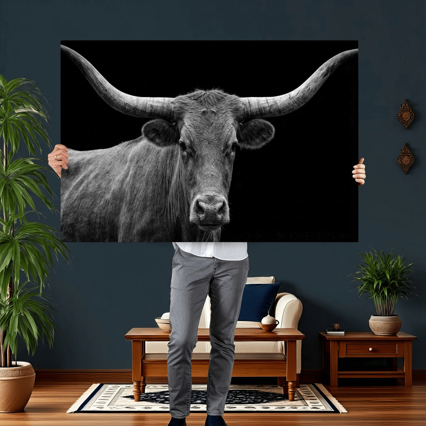 32601430-MGV-CV-36X24 - Texas Longhorn Bull Wall Art Canvas Print, Cow Portrait Photography, Framed Wall Art Ready to Hang