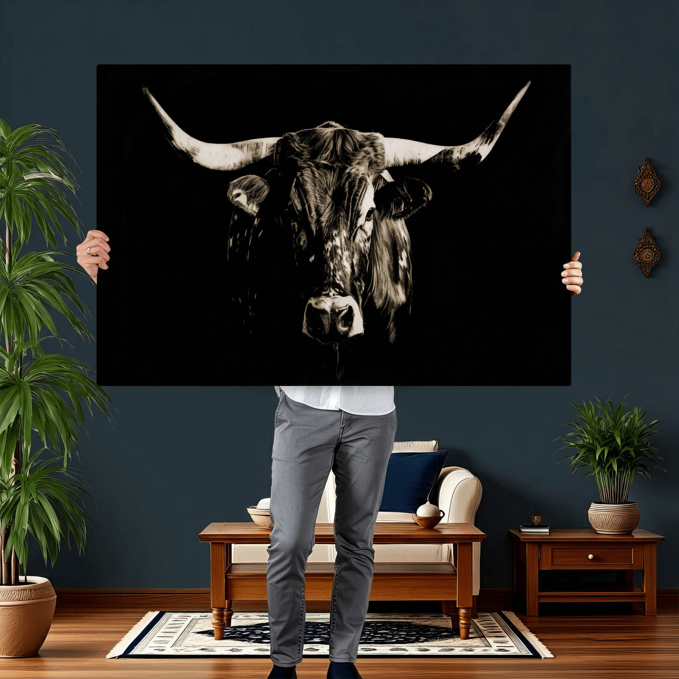 75774468-MGV-CV-36X24 - Black Bull Wall Art Canvas Print, Dark Longhorn Portrait Photography, Framed Wall Art Ready to Hang