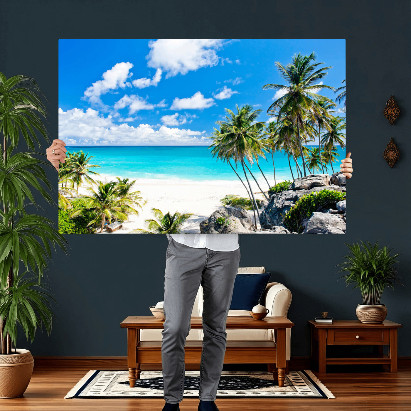 29232878-MGV-CV-36X24 - Barbados Beach Wall Art Canvas Print, Palm Tree Ocean Landscape, Turquoise Sea Coastal Photography, Tropical Island Wall Decor, Framed Ready to Hang