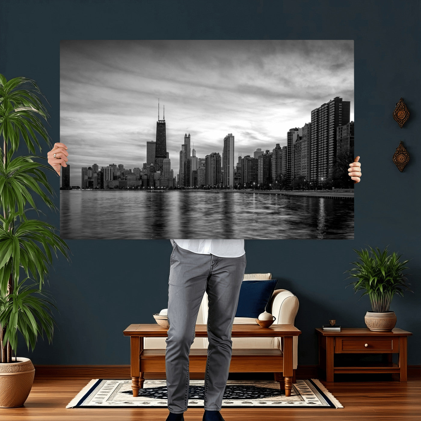 74552581-MGV-CV-36X24 - Chicago Wall Art Canvas Print, Chicago City Downtown Night Cityscape Print for Modern Urban Wall Decor
