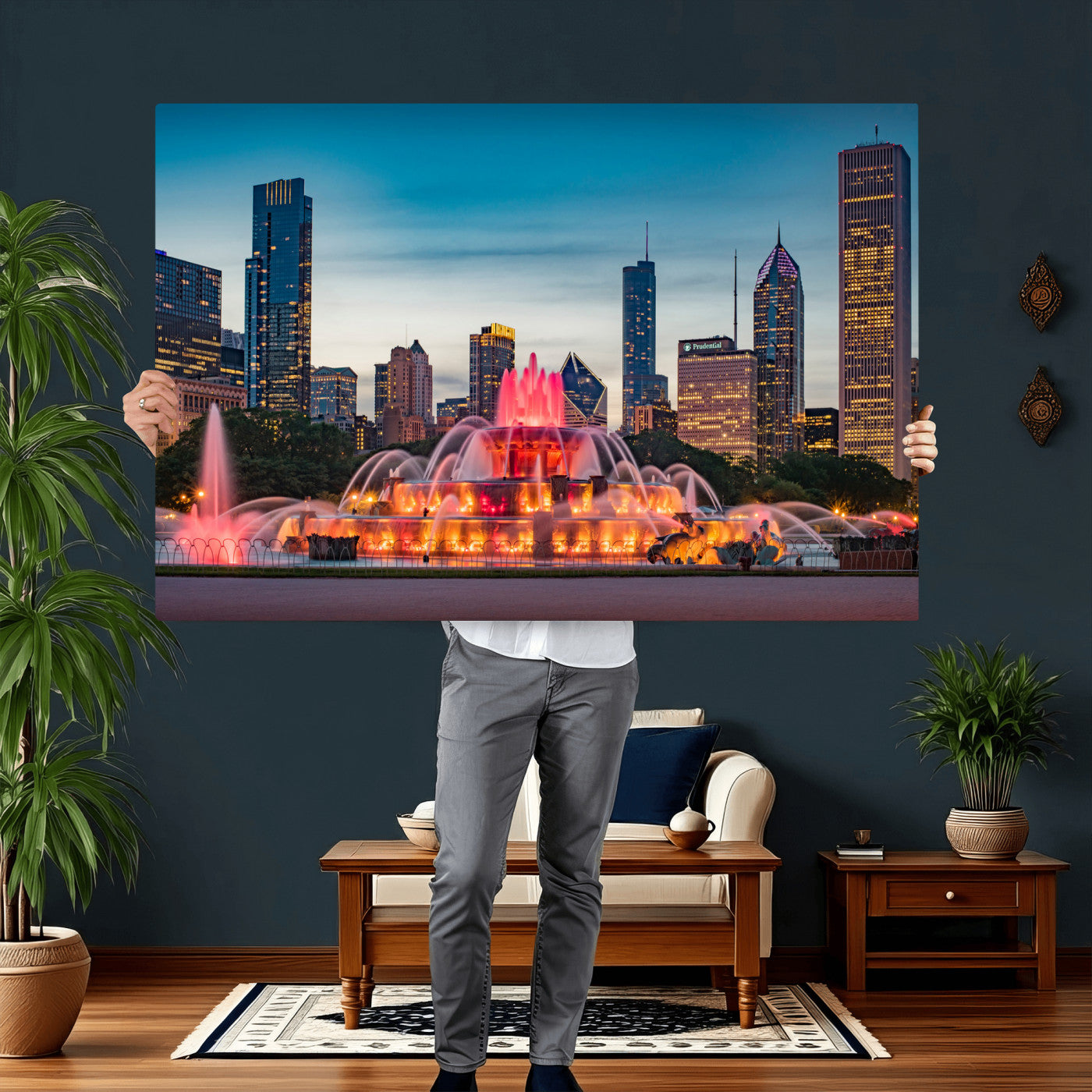 46805285-MGV-CV-36X24 - Chicago Wall Art Canvas Print, Chicago City Downtown Night Cityscape Print for Modern Urban Wall Decor