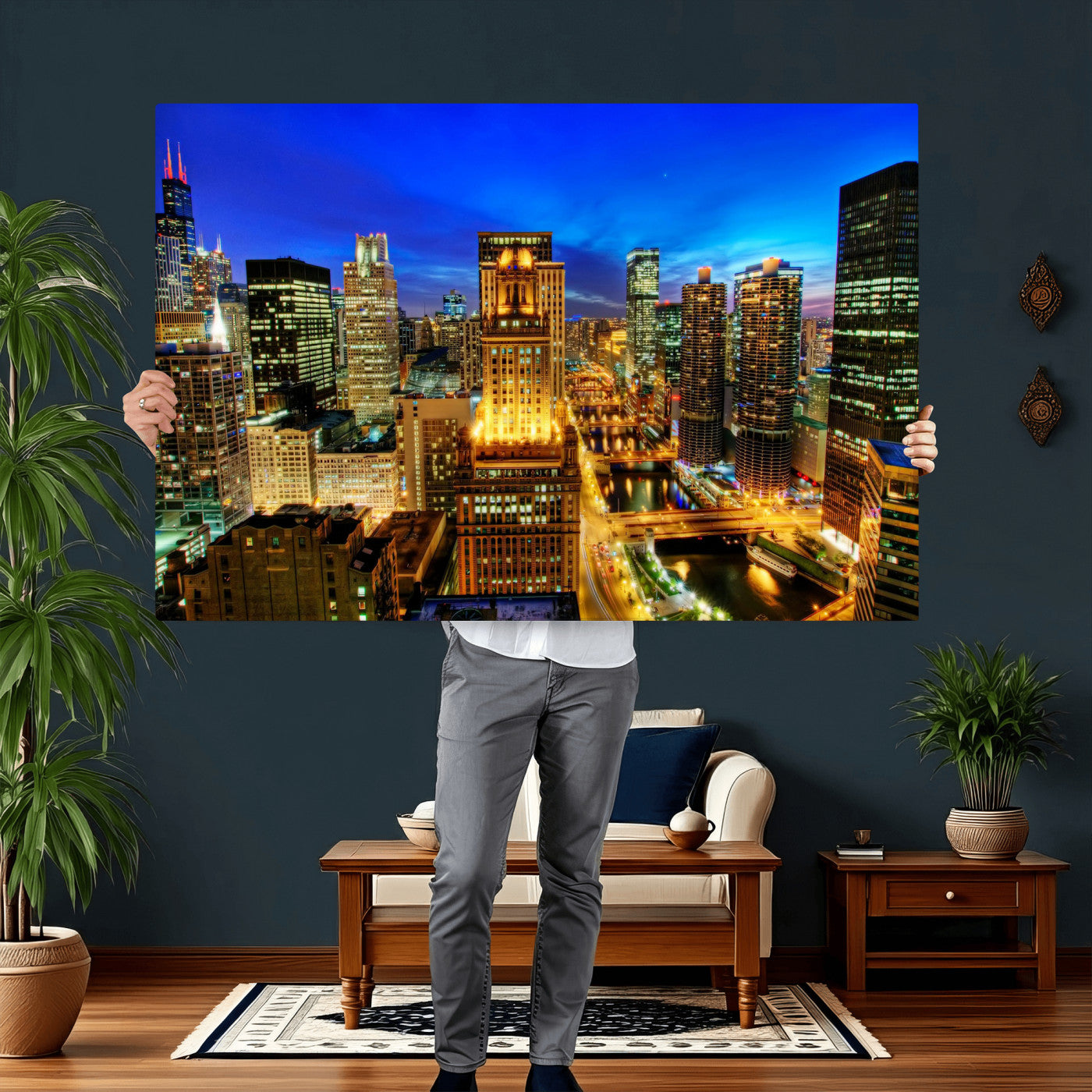 46298885-MGV-CV-36X24 - Chicago Wall Art Canvas Print, Chicago City Downtown Night Cityscape Print for Modern Urban Wall Decor