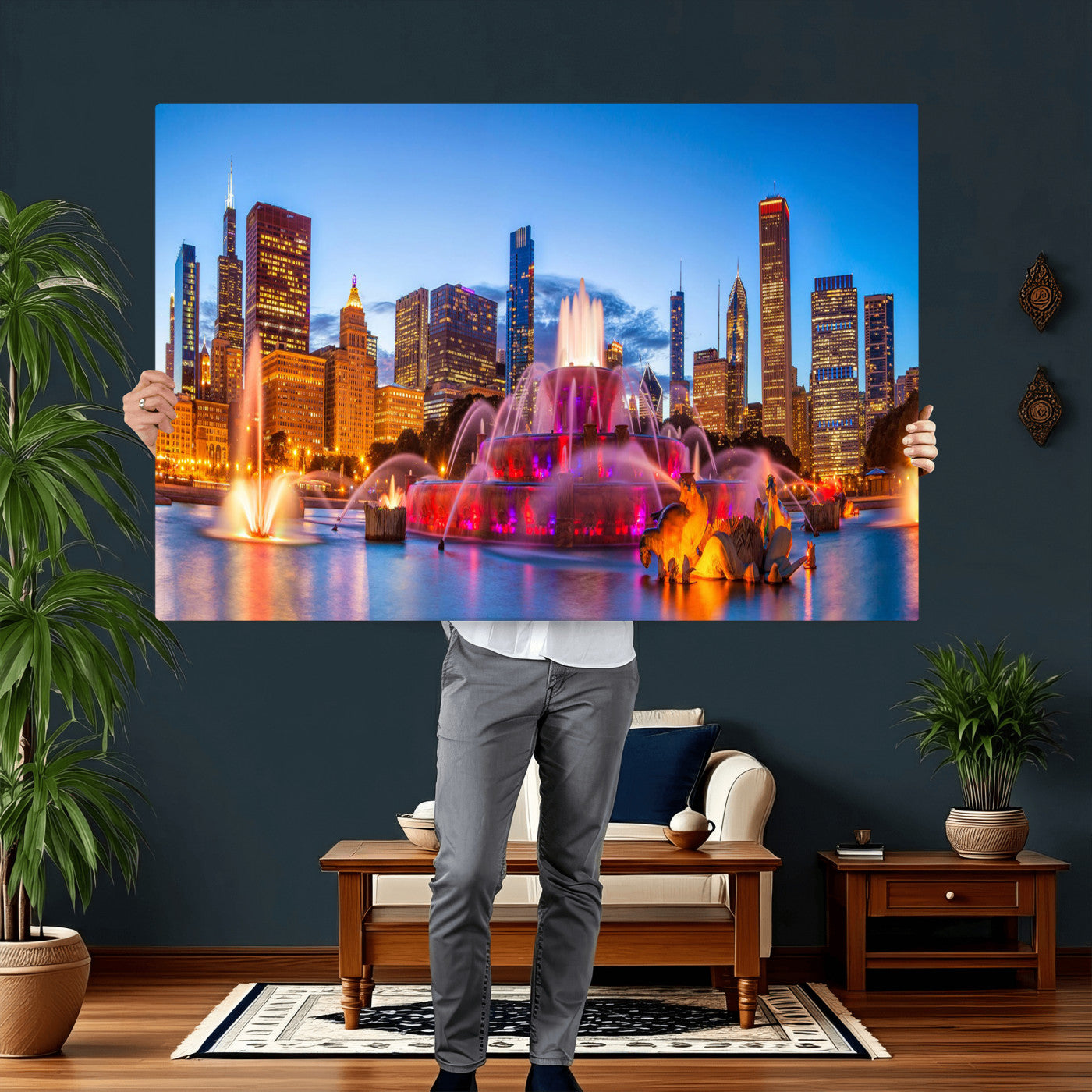 20251989-MGV-CV-36X24 - Chicago Wall Art Canvas Print, Chicago City Downtown Night Cityscape Print for Modern Urban Wall Decor
