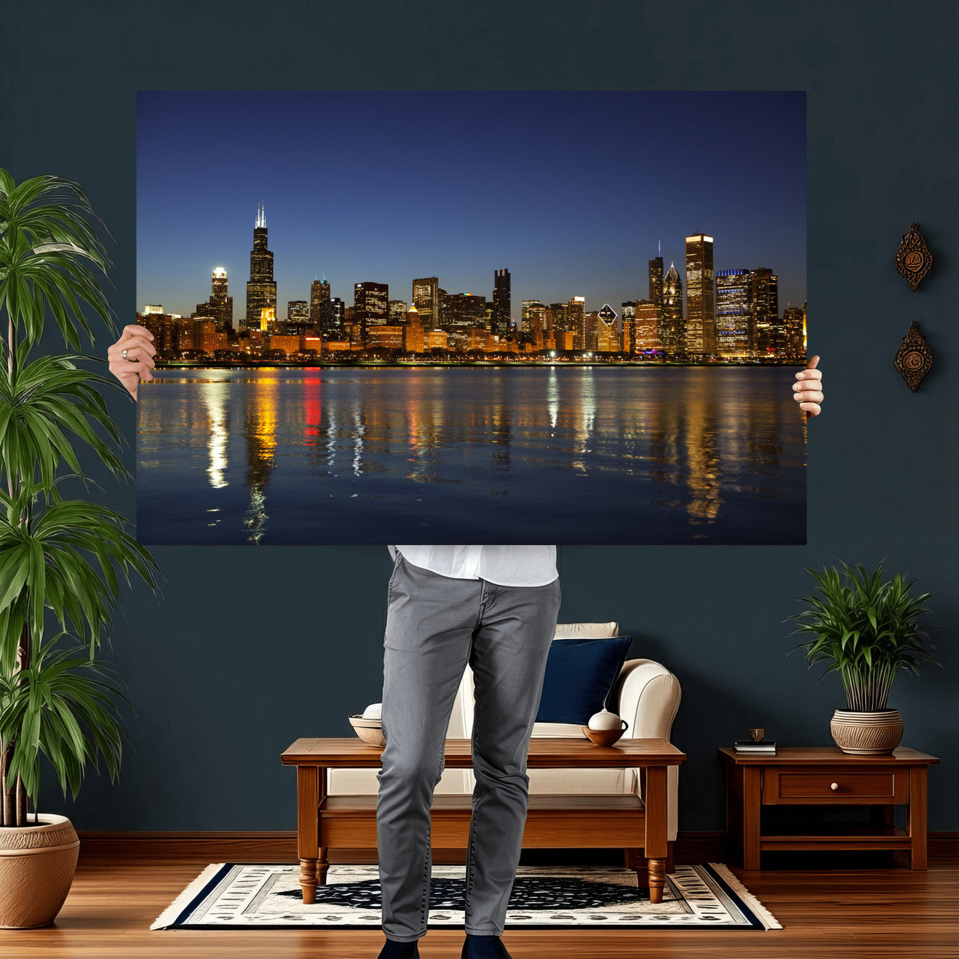 67308035-MGV-CV-36X24 - Chicago Wall Art Canvas Print, Chicago City Downtown Night Cityscape Print for Modern Urban Wall Decor