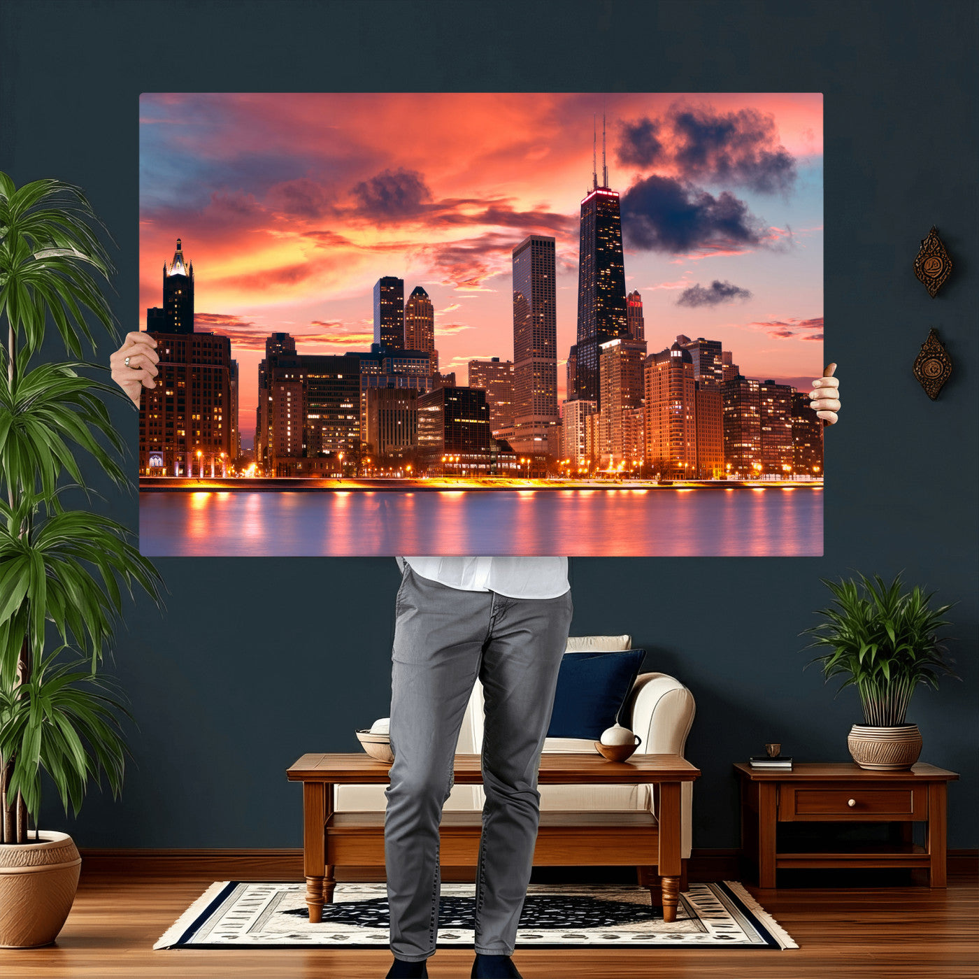 80390109-MGV-CV-36X24 - Chicago Wall Art Canvas Print, Chicago City Downtown Night Cityscape Print for Modern Urban Wall Decor