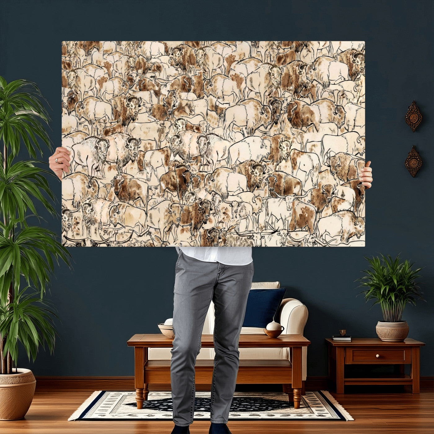 50142019-MGV-CV-36X24 - Farmhouse Animals Wall Art Canvas Print - Abstract Farm Animal Drawing Mid-Century Wall Art for Cabin Decor