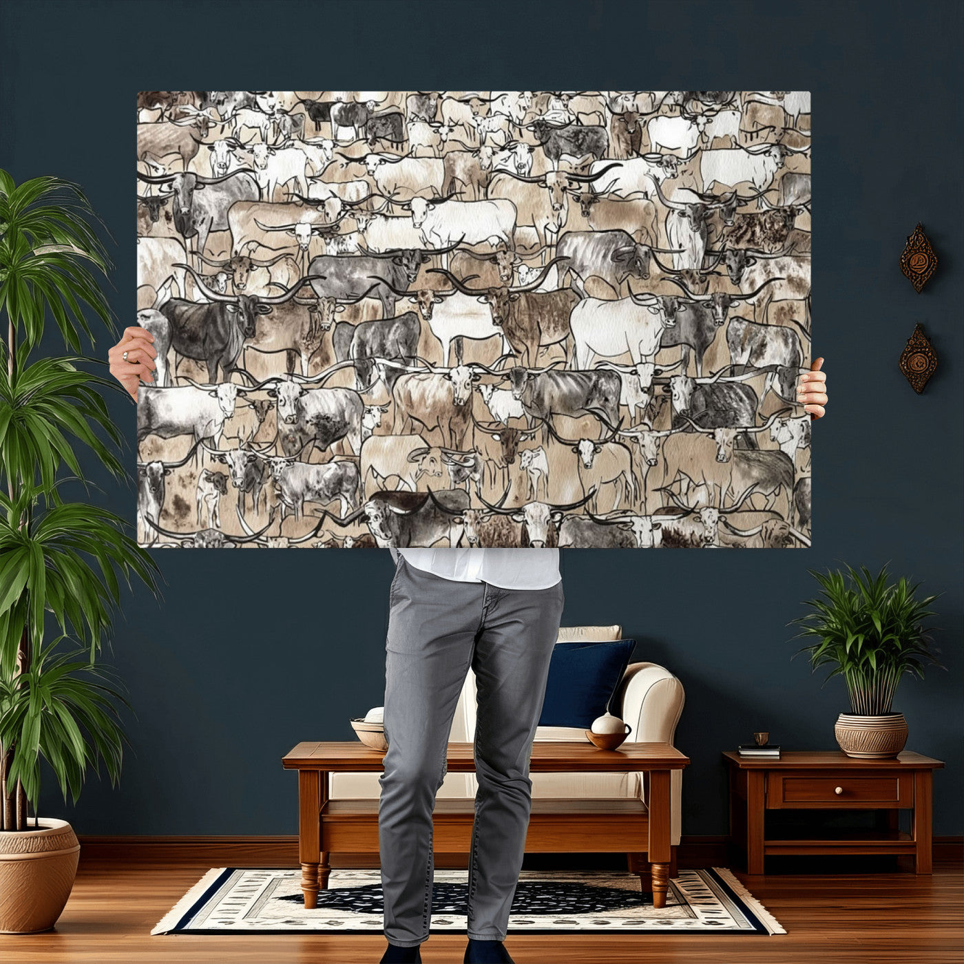 64368752-MGV-CV-36X24 - Farmhouse Animals Wall Art Canvas Print - Abstract Farm Animal Drawing Mid-Century Wall Art for Cabin Decor