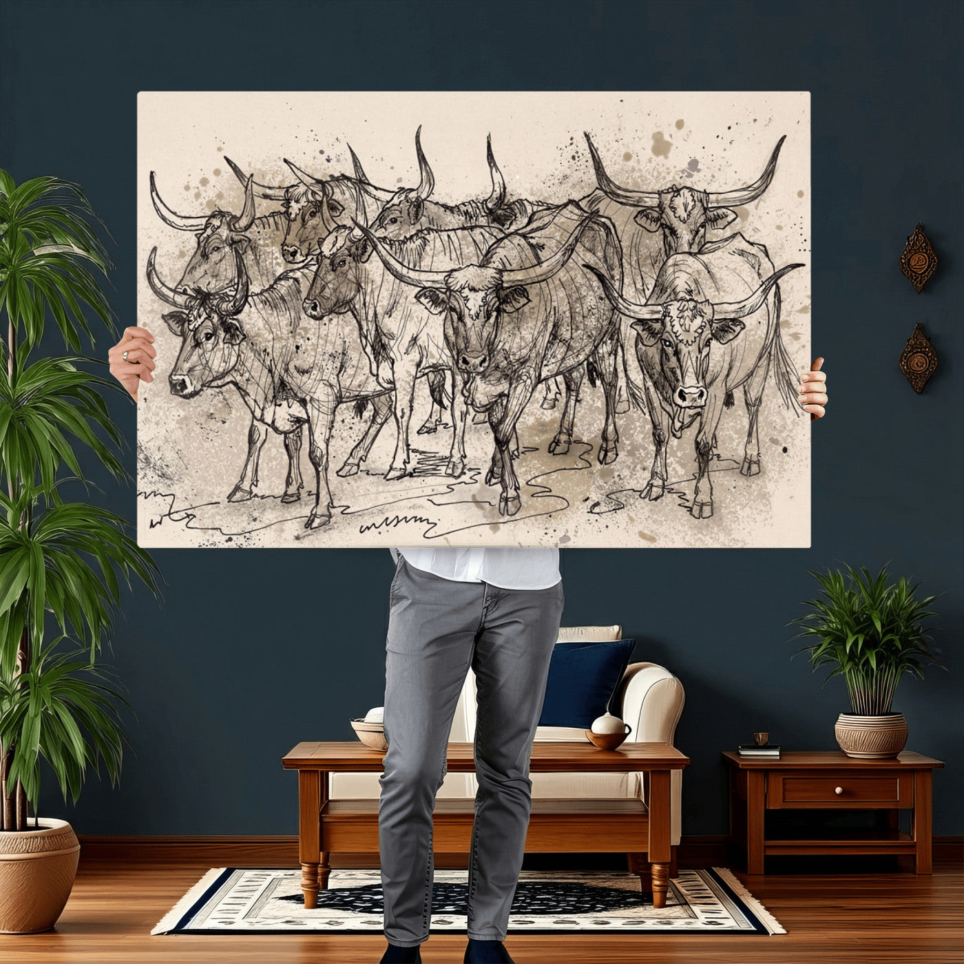 74232558-MGV-CV-36X24 - Farmhouse Animals Wall Art Canvas Print - Abstract Farm Animal Drawing Mid-Century Wall Art for Cabin Decor