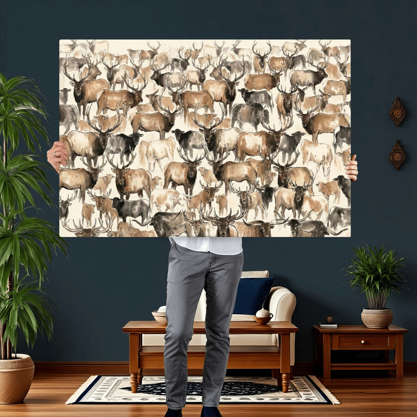 24374881-MGV-CV-36X24 - Farmhouse Animals Wall Art Canvas Print - Abstract Farm Animal Drawing Mid-Century Wall Art for Cabin Decor